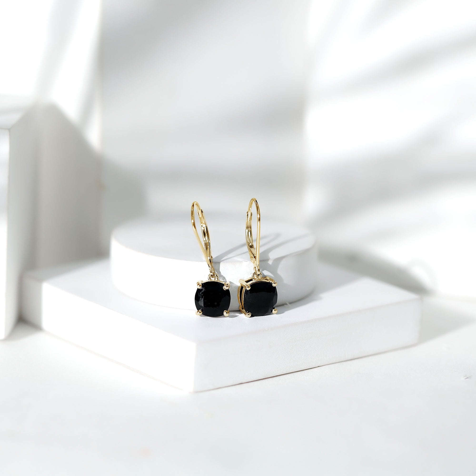 Genuine 8mm Cushion Cut Black Spinel Drop Earrings Lever Back AAA - Rosec Jewels