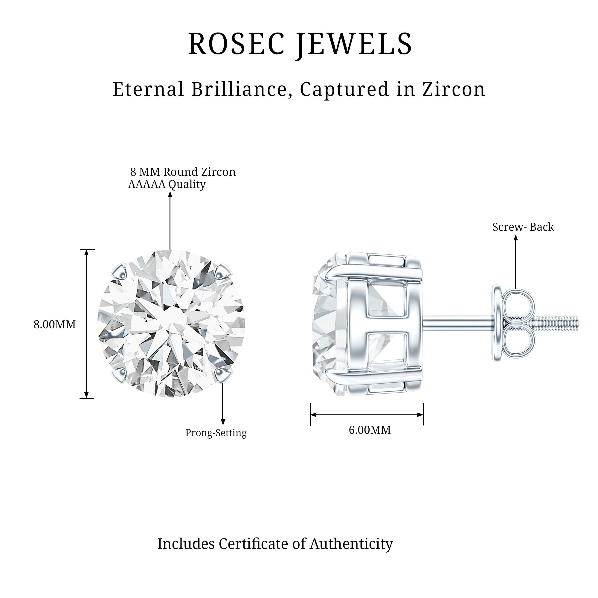 4 Carat Round Cubic Zirconia Stud Earrings in Silver AAAAA 92.5 Sterling Silver - Rosec Jewels