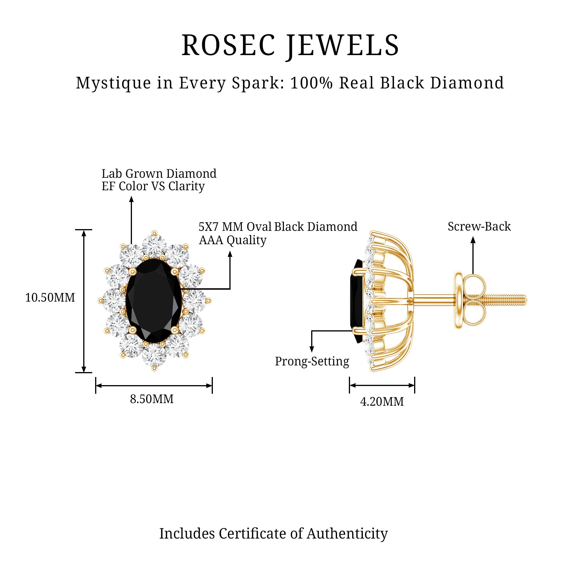 2 Carat Oval Shaped Black and White Diamond Stud Earrings in Yellow Gold Plated Silver AAA 14K Yellow Gold Plated Silver - Rosec Jewels