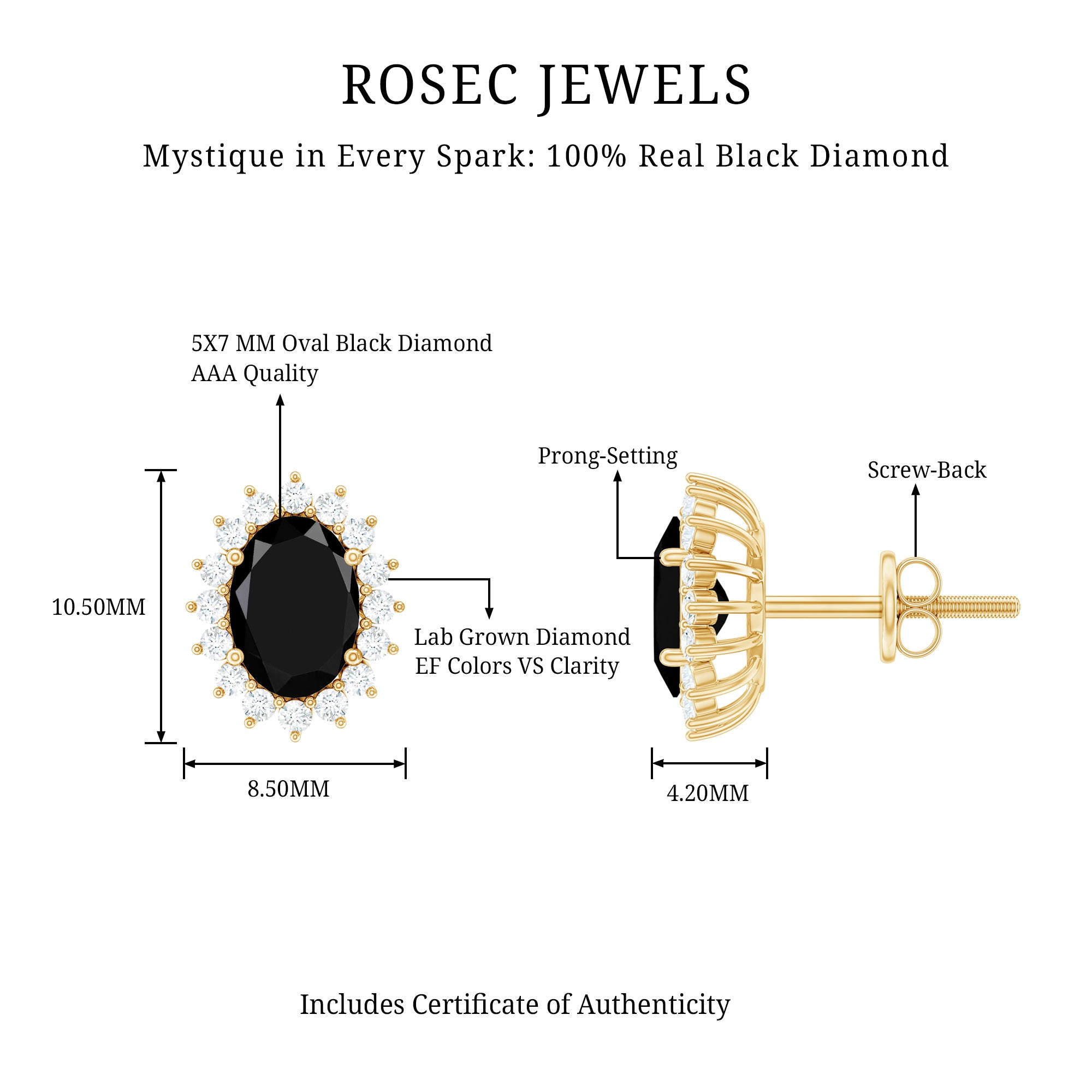2 Carat Oval Shaped Black and White Diamond Stud Earrings in Yellow Gold Plated Silver AAA 14K Yellow Gold Plated Silver - Rosec Jewels