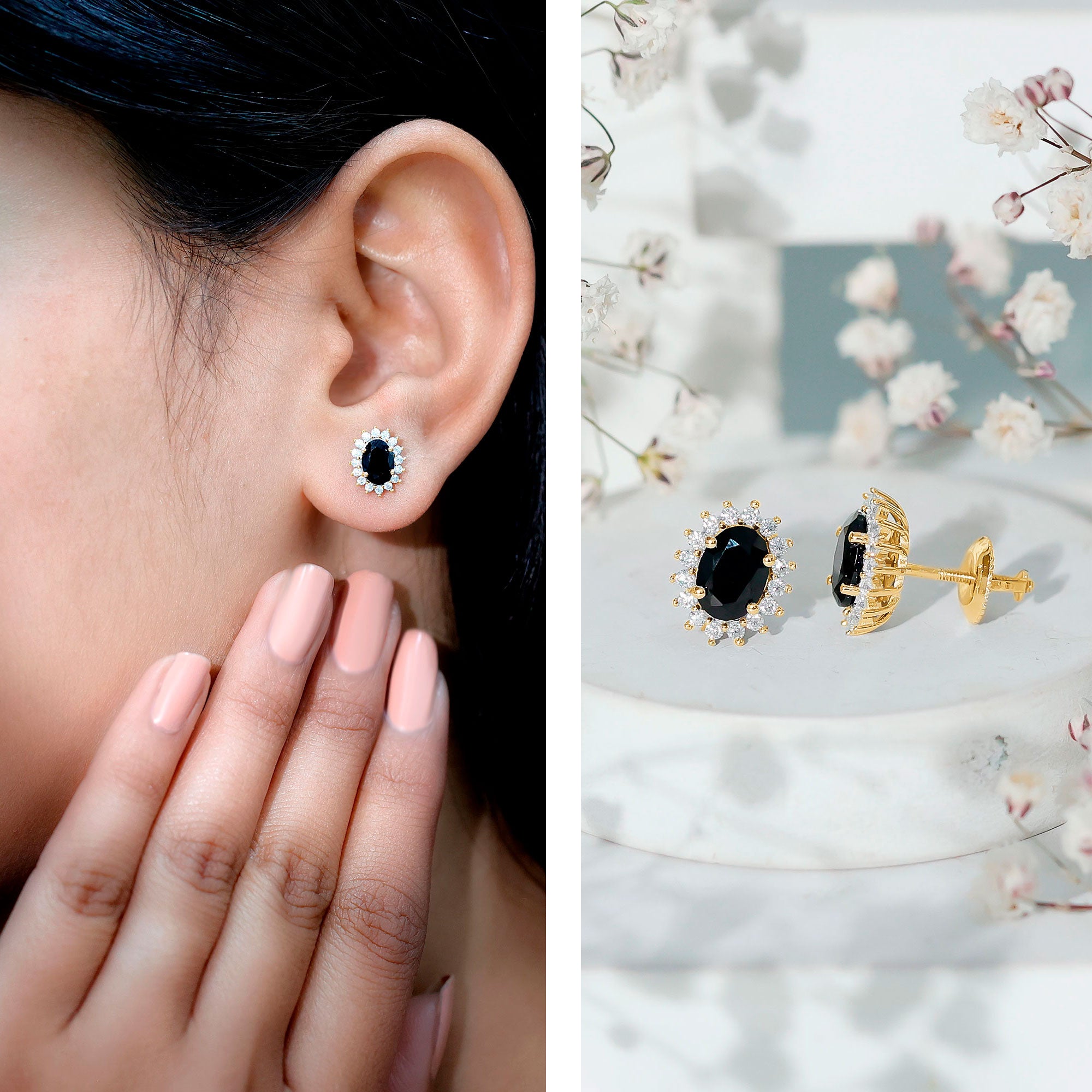 2 Carat Oval Shaped Black and White Diamond Stud Earrings in Yellow Gold Plated Silver AAA 14K Yellow Gold Plated Silver - Rosec Jewels