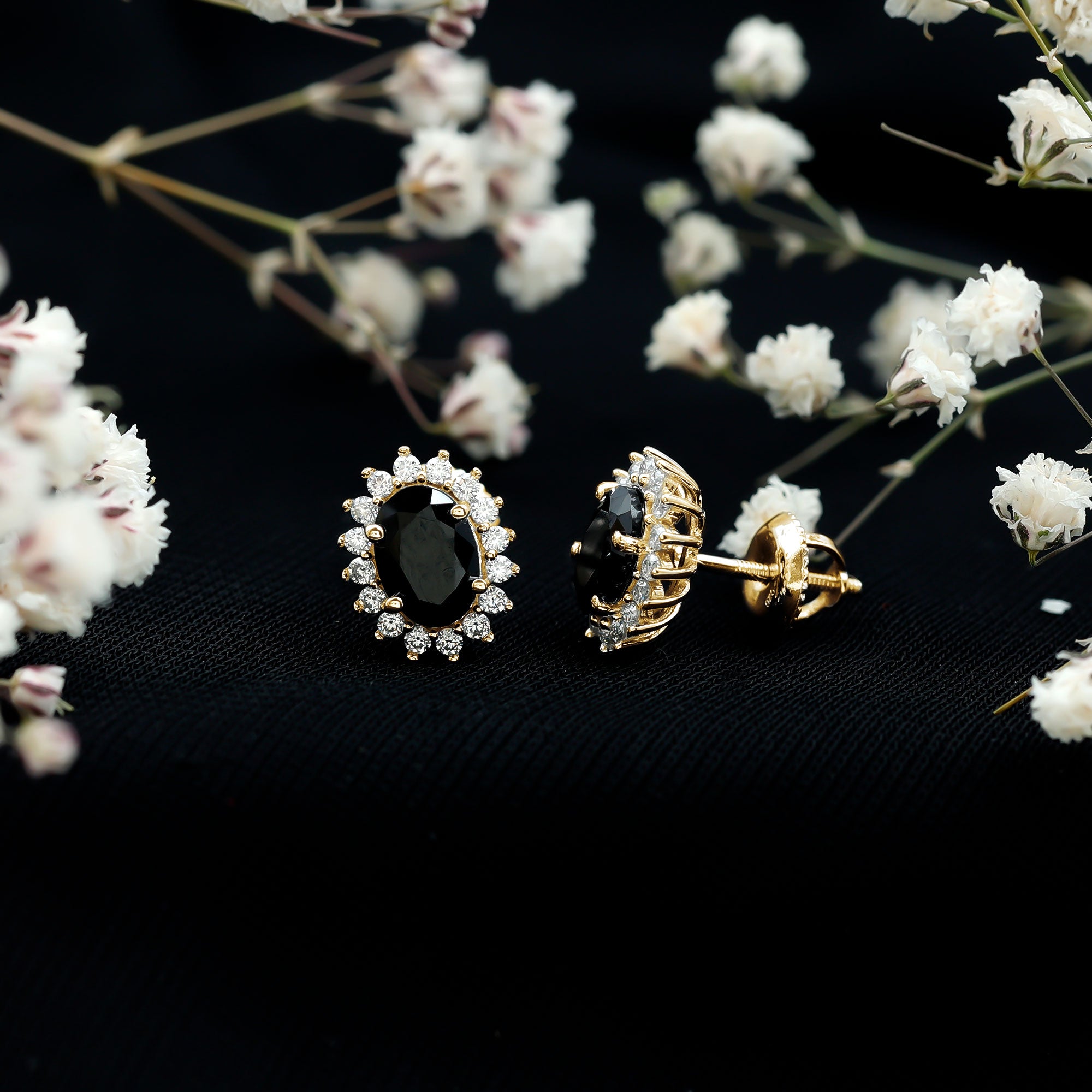 2 Carat Oval Shaped Black and White Diamond Stud Earrings in Yellow Gold Plated Silver AAA 14K Yellow Gold Plated Silver - Rosec Jewels