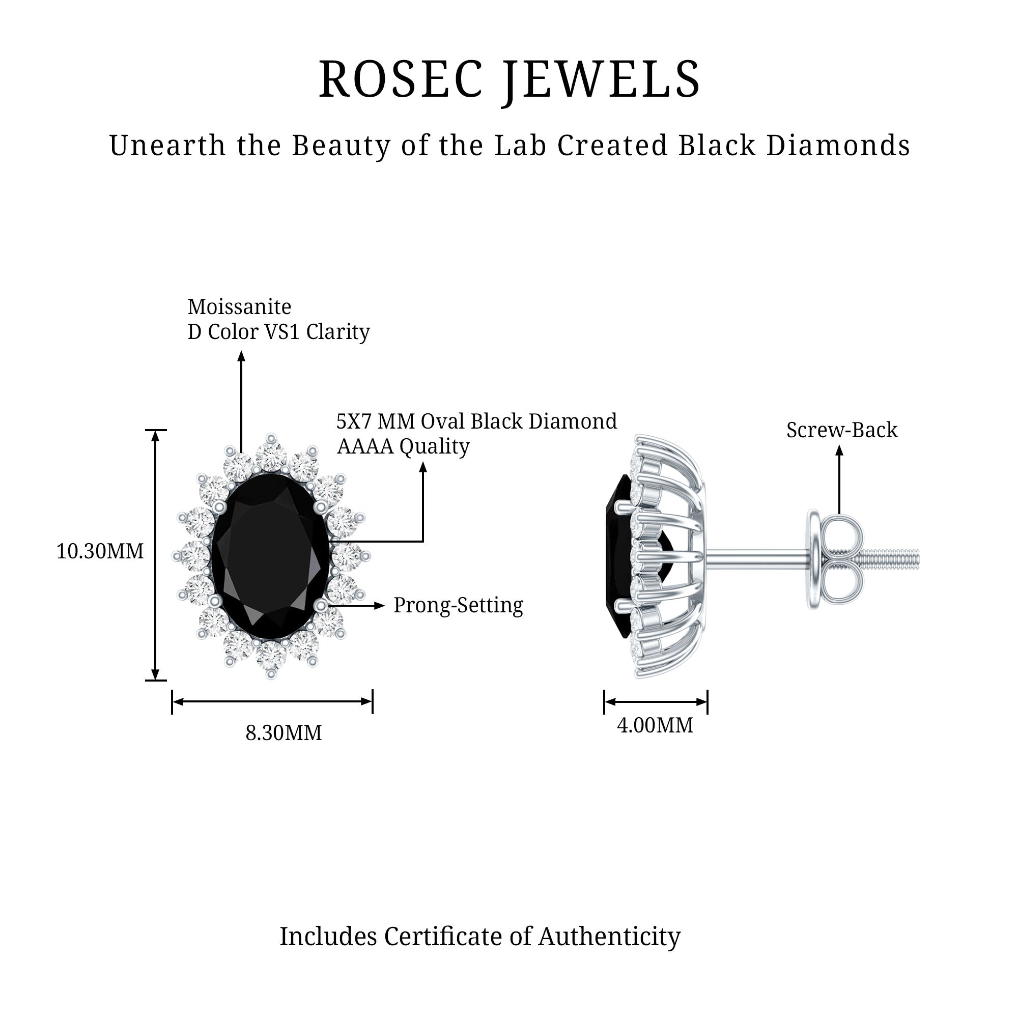 Certified 2.6 Carat Lab Grown Black Diamond Stud Earrings With Screw Back AAAA ( Synthetic ) 92.5 Sterling Silver - Rosec Jewels