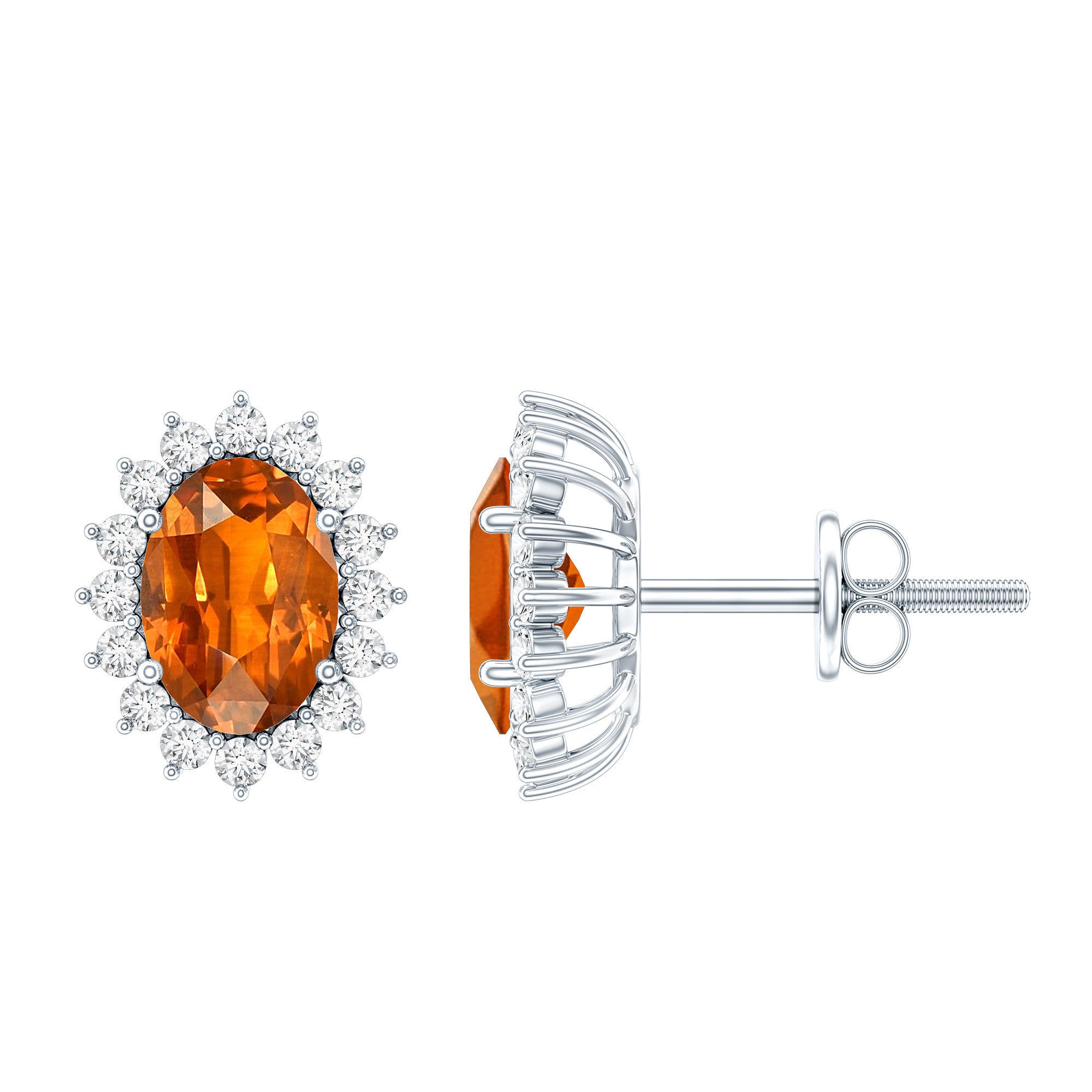 Lab Created 2 Carat Orange Sapphire Stud Earrings with Moissanite Halo AAAA 92.5 Sterling Silver - Rosec Jewels