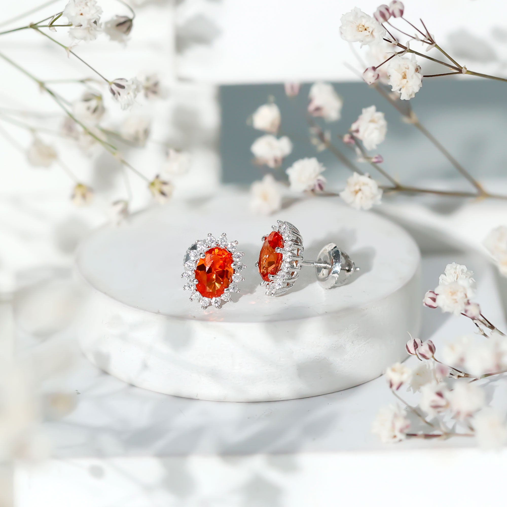 Lab Created 2 Carat Orange Sapphire Stud Earrings with Moissanite Halo AAAA 92.5 Sterling Silver - Rosec Jewels