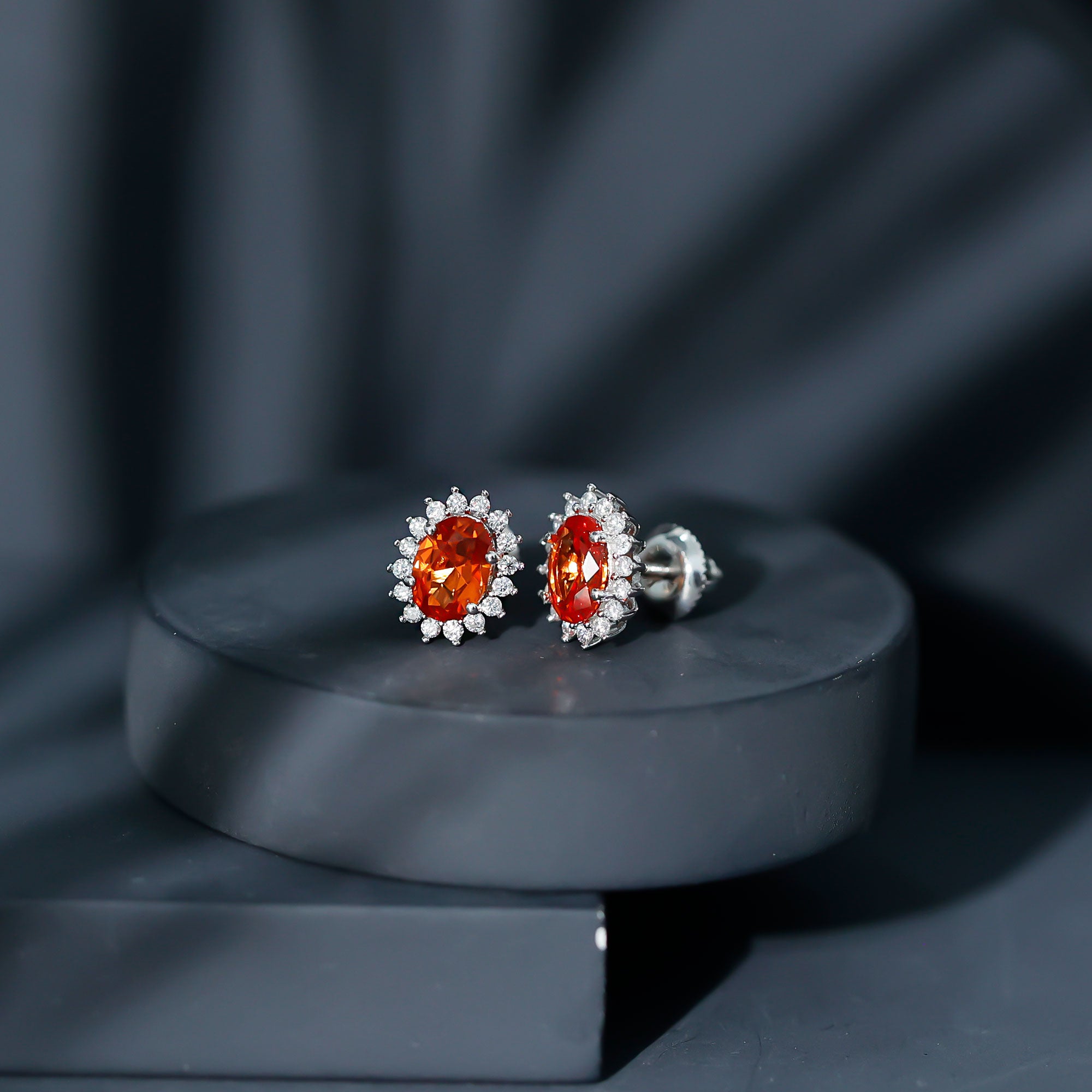 Lab Created 2 Carat Orange Sapphire Stud Earrings with Moissanite Halo AAAA 92.5 Sterling Silver - Rosec Jewels