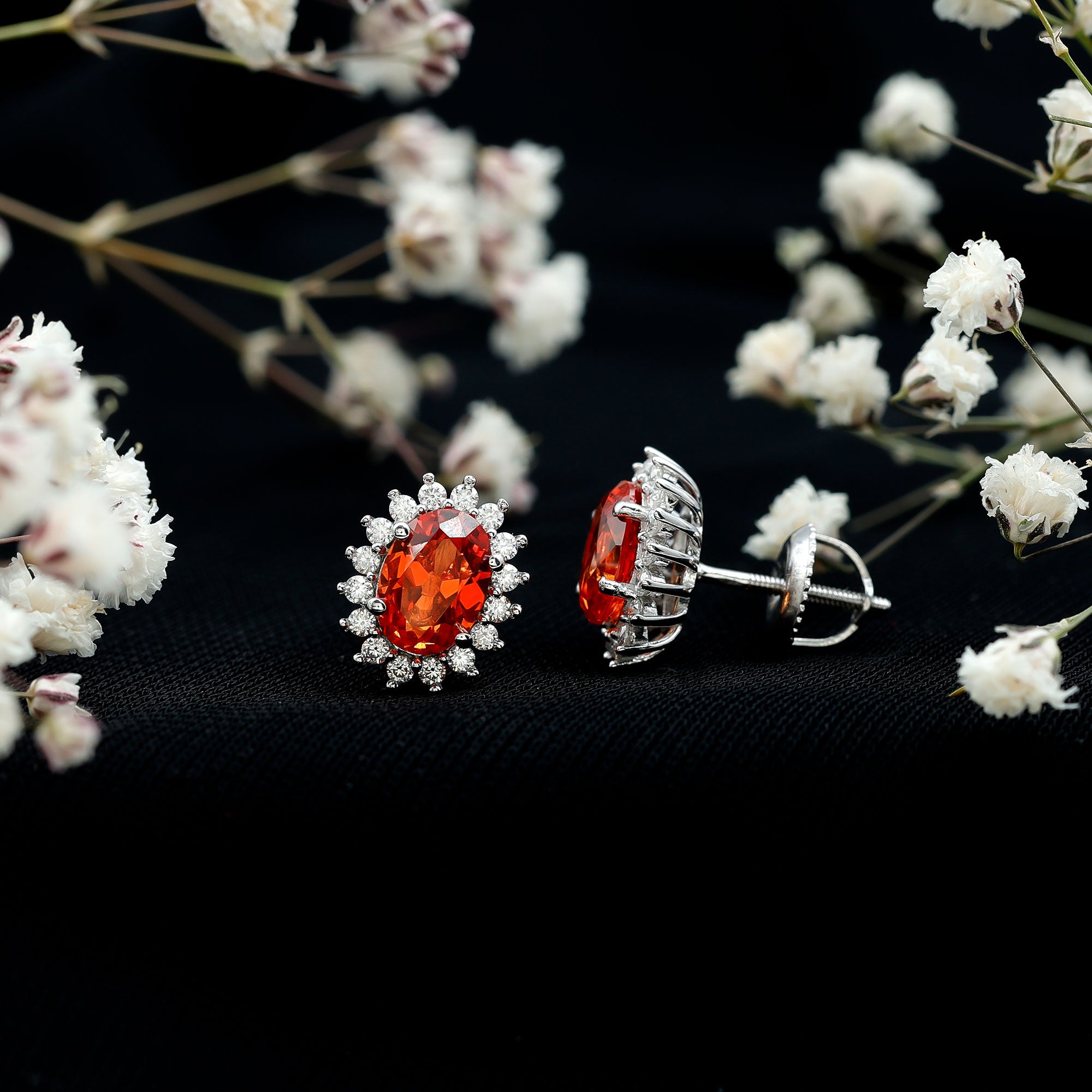 Lab Created 2 Carat Orange Sapphire Stud Earrings with Moissanite Halo AAAA 92.5 Sterling Silver - Rosec Jewels