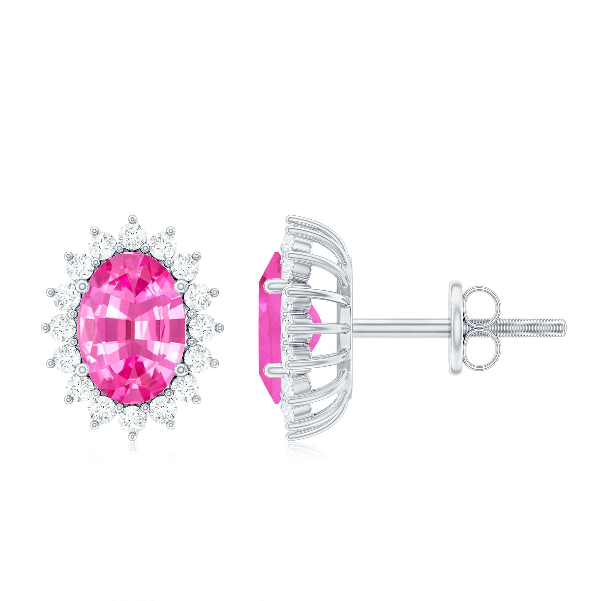 Lab Created Pink Sapphire Moissanite Halo Stud Earrings