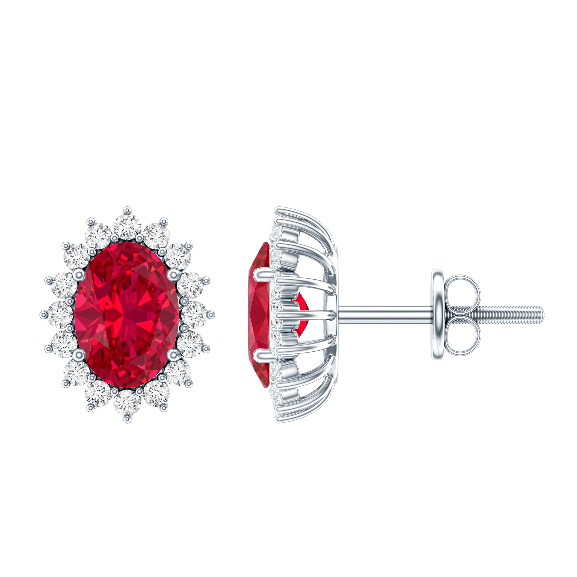 2 Carat Oval Cut Lab Grown Ruby Stud Earrings with Moissanite Halo AAAA 92.5 Sterling Silver - Rosec Jewels