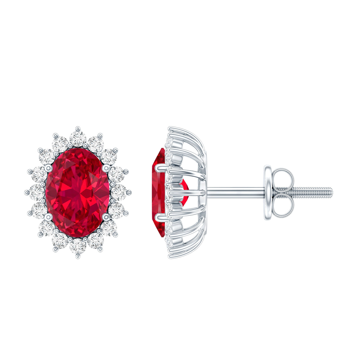 2 Carat Oval Cut Lab Grown Ruby Halo Stud Earrings in Silver AAAA 92.5 Sterling Silver - Rosec Jewels