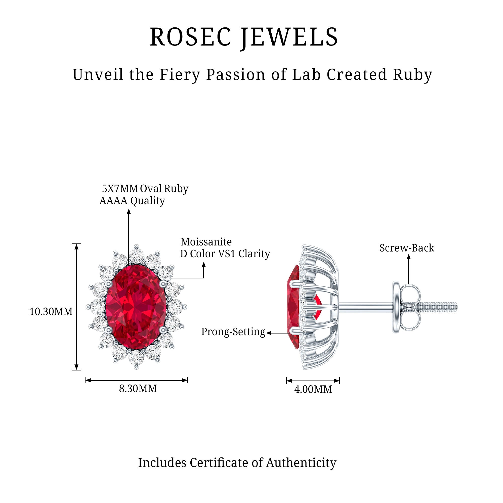 2 Carat Oval Cut Lab Grown Ruby Stud Earrings with Moissanite Halo AAAA 92.5 Sterling Silver - Rosec Jewels