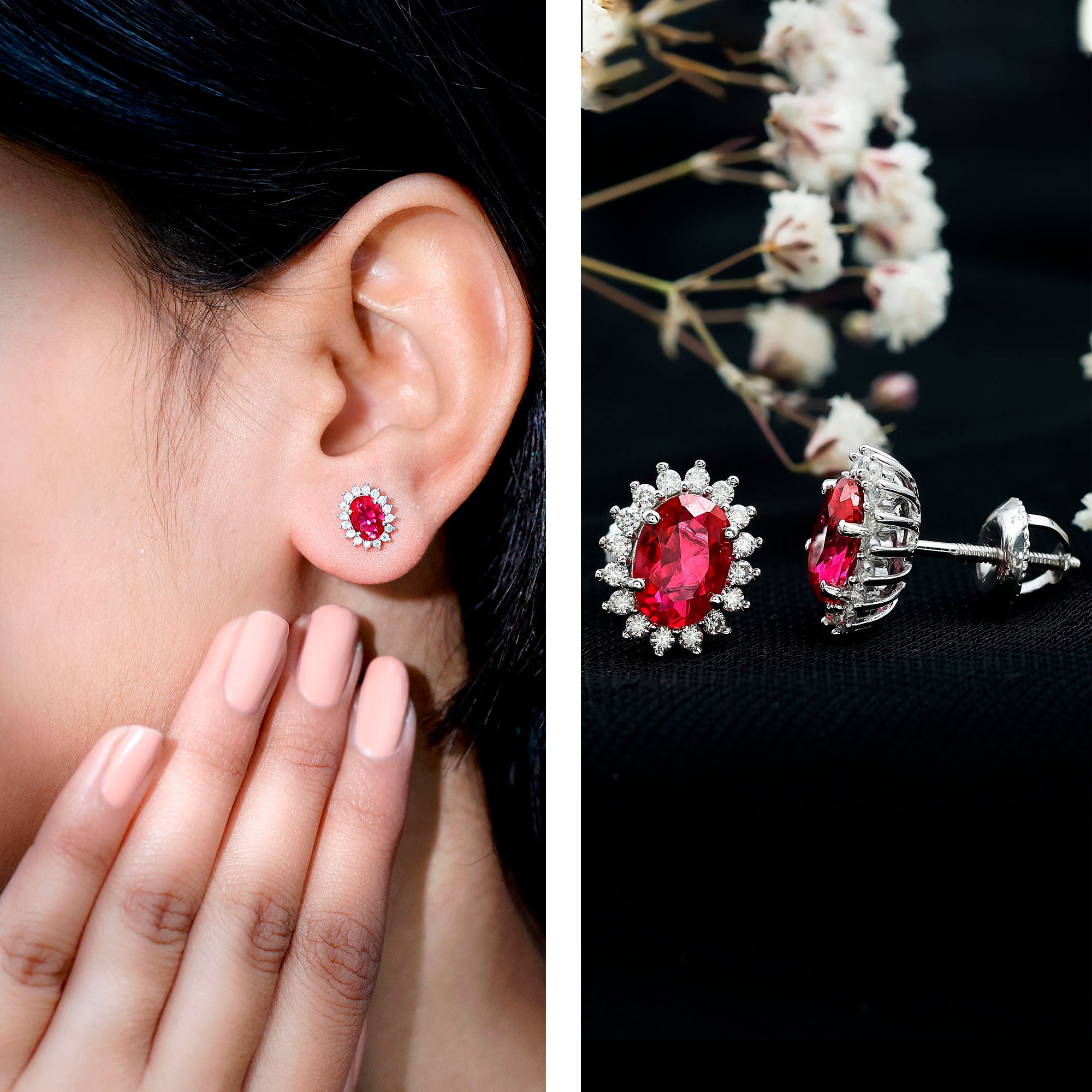 2 Carat Oval Cut Lab Grown Ruby Stud Earrings with Moissanite Halo AAAA 92.5 Sterling Silver - Rosec Jewels