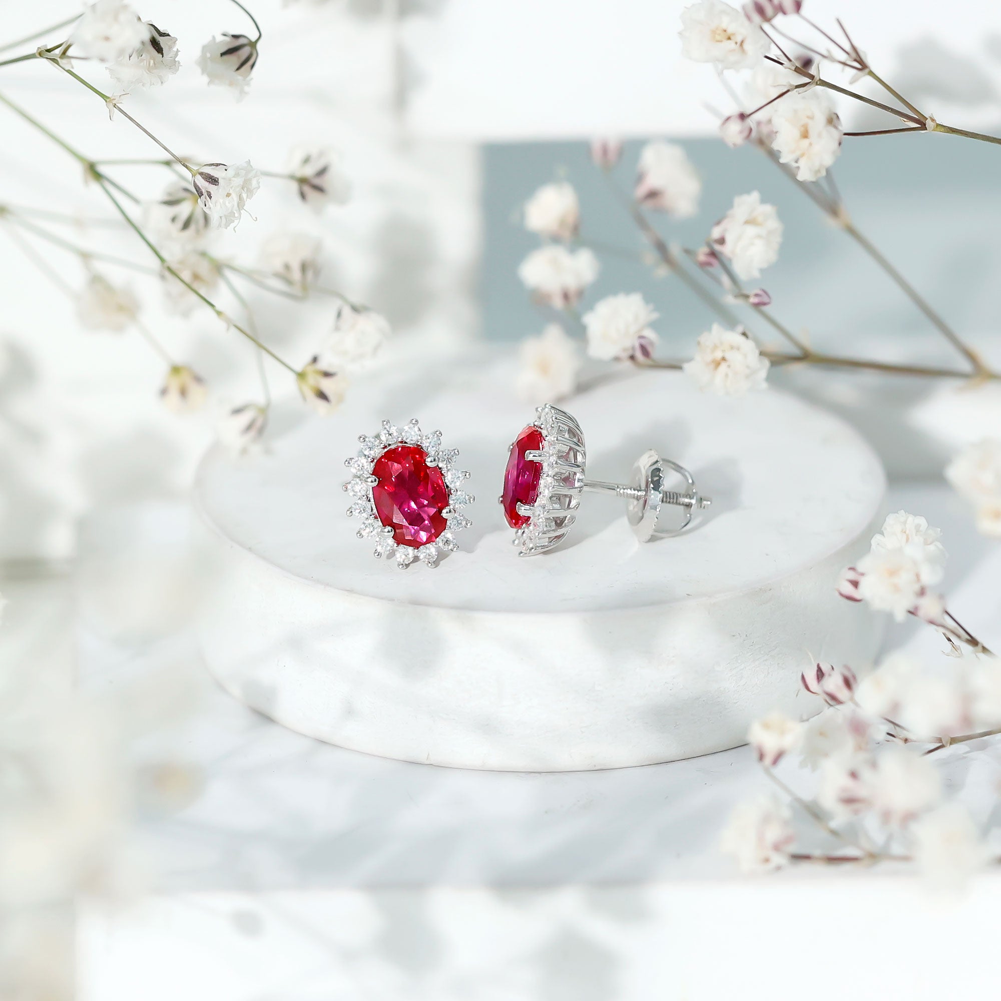 2 Carat Oval Cut Lab Grown Ruby Stud Earrings with Moissanite Halo AAAA 92.5 Sterling Silver - Rosec Jewels