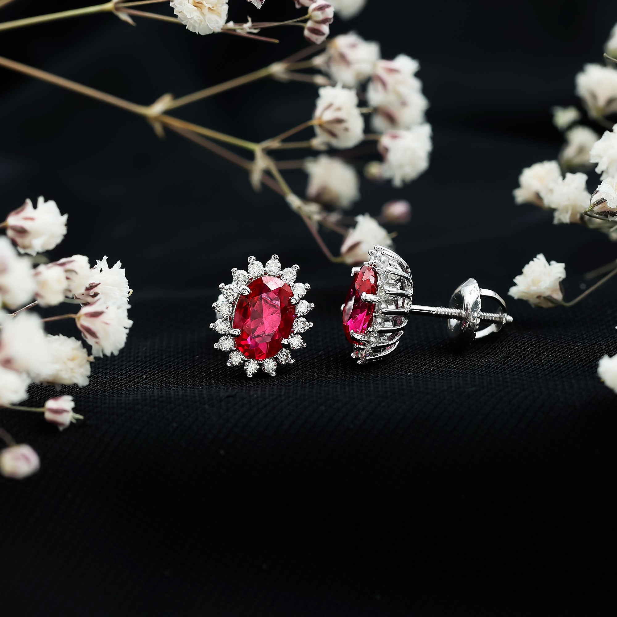 2 Carat Oval Cut Lab Grown Ruby Stud Earrings with Moissanite Halo AAAA 92.5 Sterling Silver - Rosec Jewels