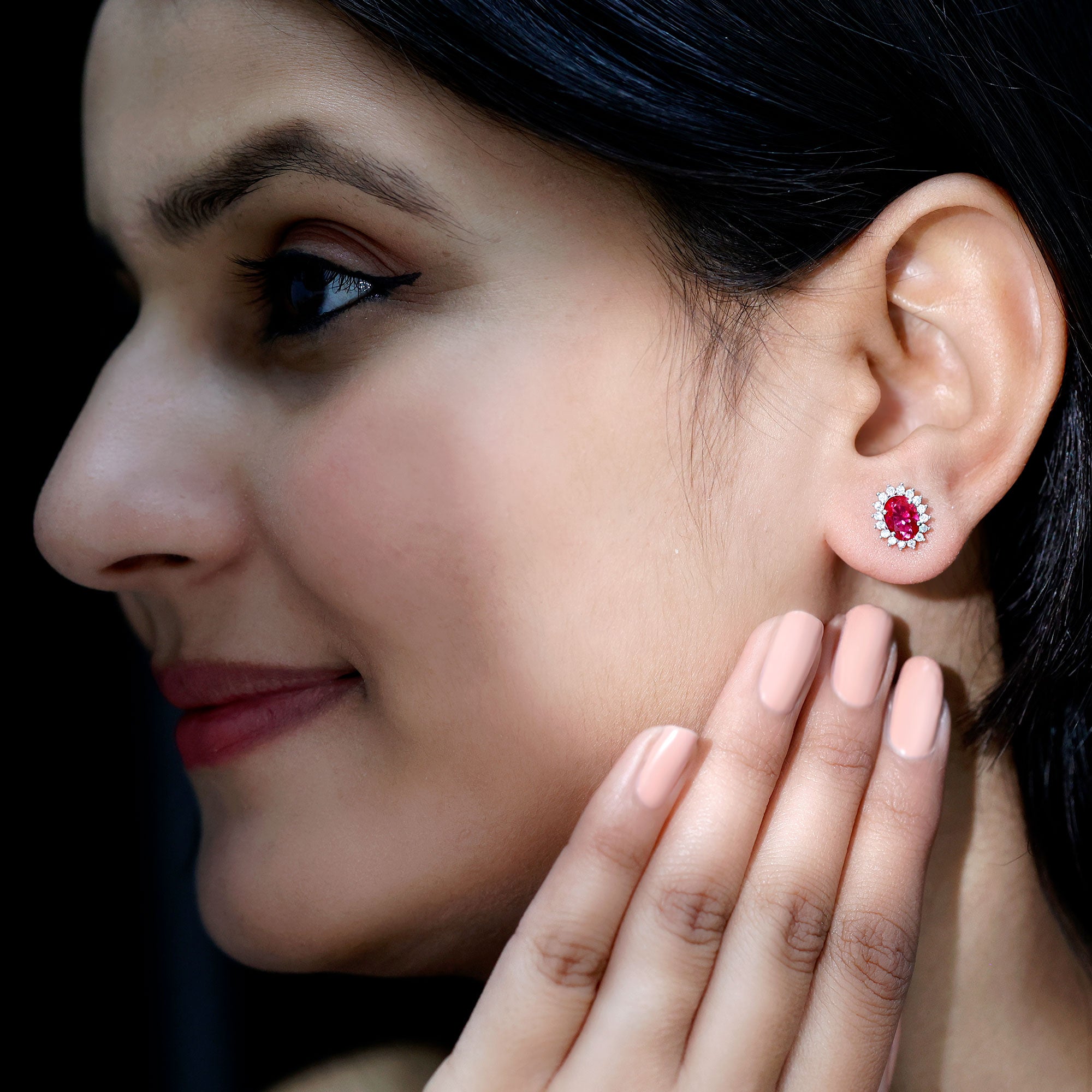 2 Carat Oval Cut Lab Grown Ruby Stud Earrings with Moissanite Halo AAAA 92.5 Sterling Silver - Rosec Jewels