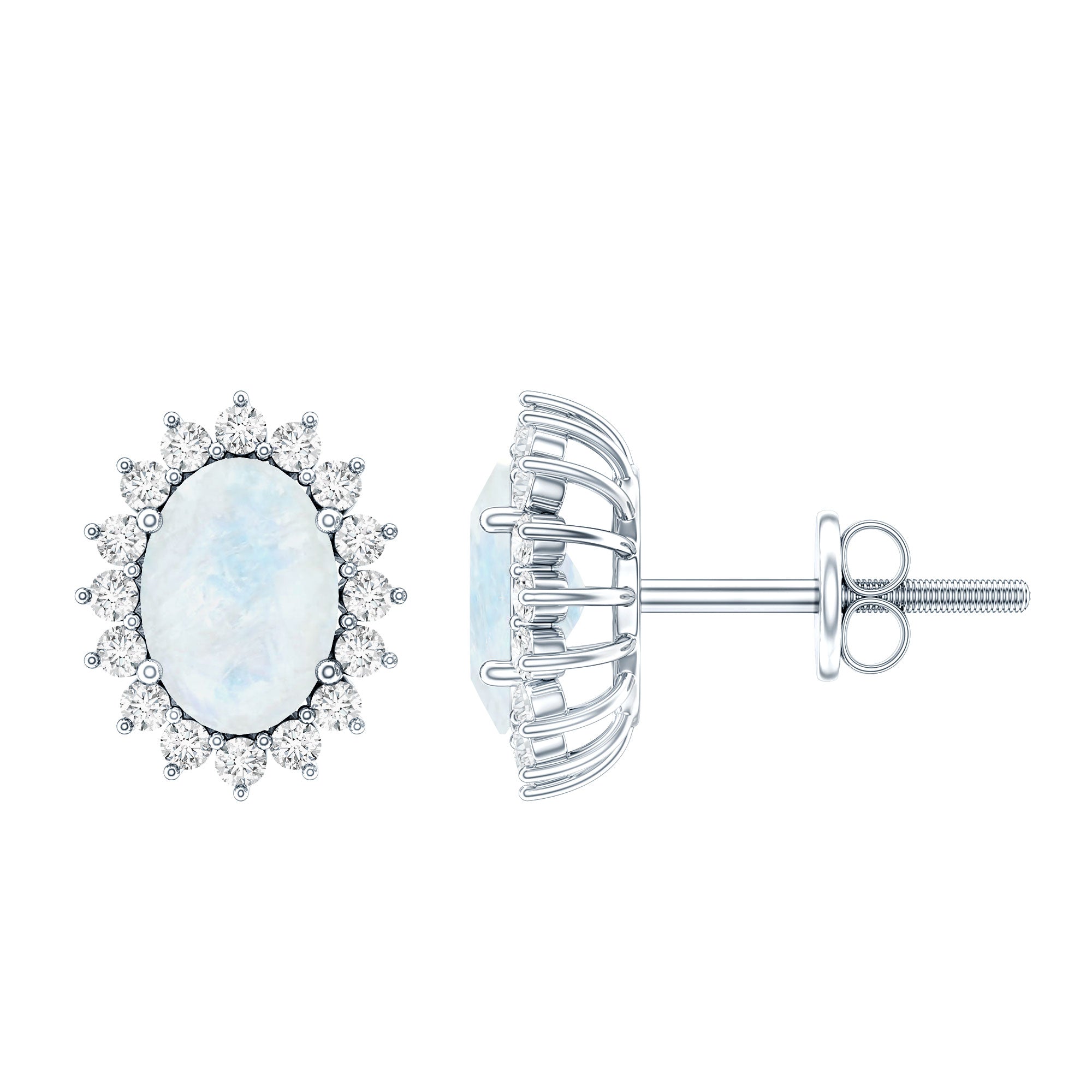 Genuine 2 Carat Moonstone and Diamond Halo Stud Earrings AAA 92.5 Sterling Silver - Rosec Jewels