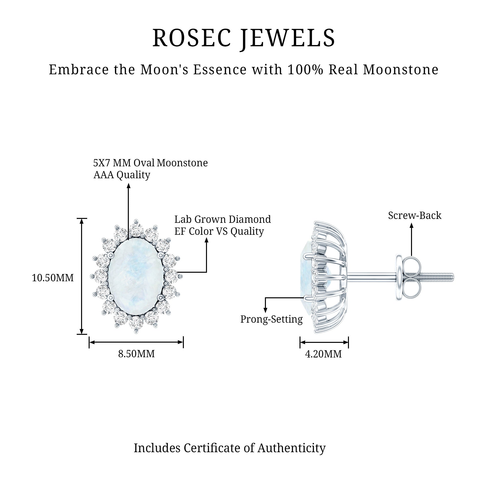 Genuine 2 Carat Moonstone and Diamond Halo Stud Earrings AAA 92.5 Sterling Silver - Rosec Jewels