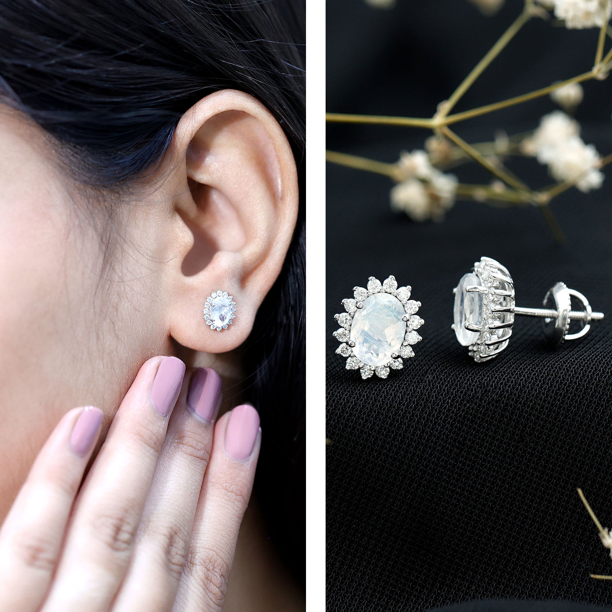 Genuine 2 Carat Moonstone and Diamond Halo Stud Earrings AAA 92.5 Sterling Silver - Rosec Jewels