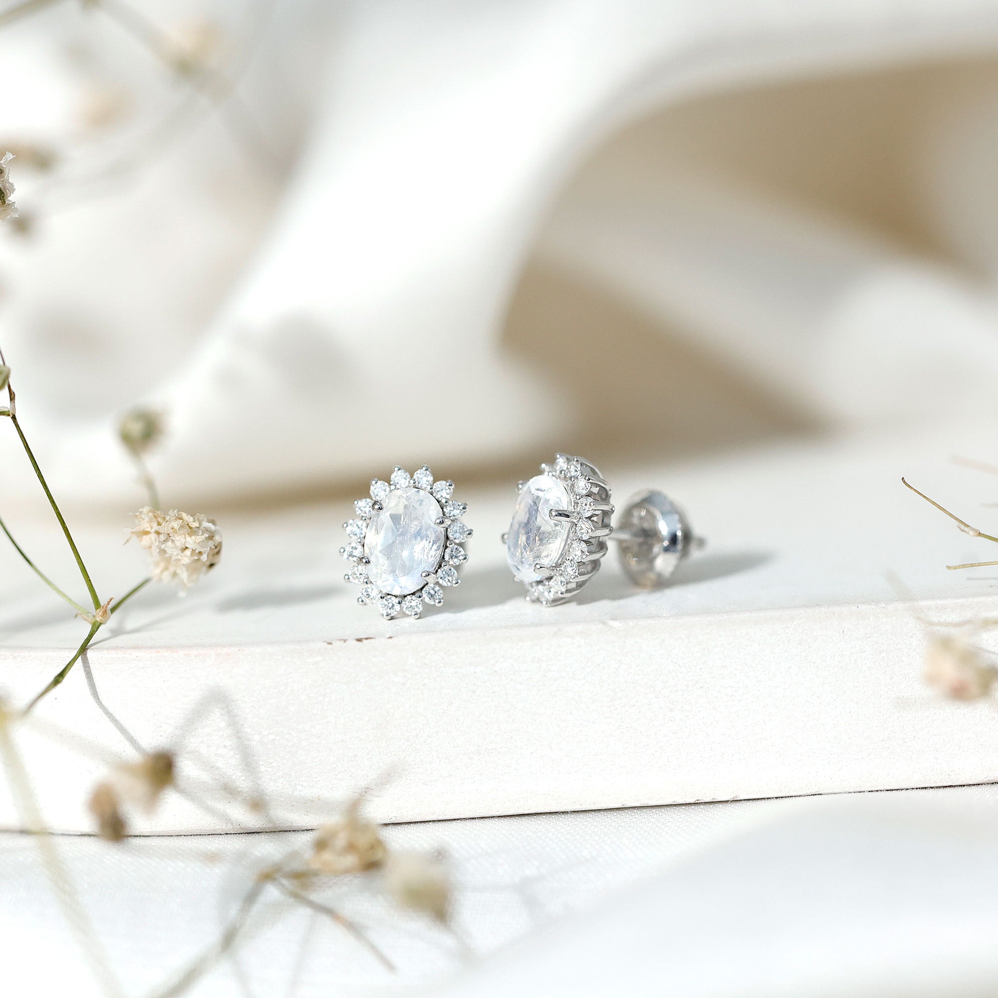 Genuine 2 Carat Moonstone and Diamond Halo Stud Earrings AAA 92.5 Sterling Silver - Rosec Jewels