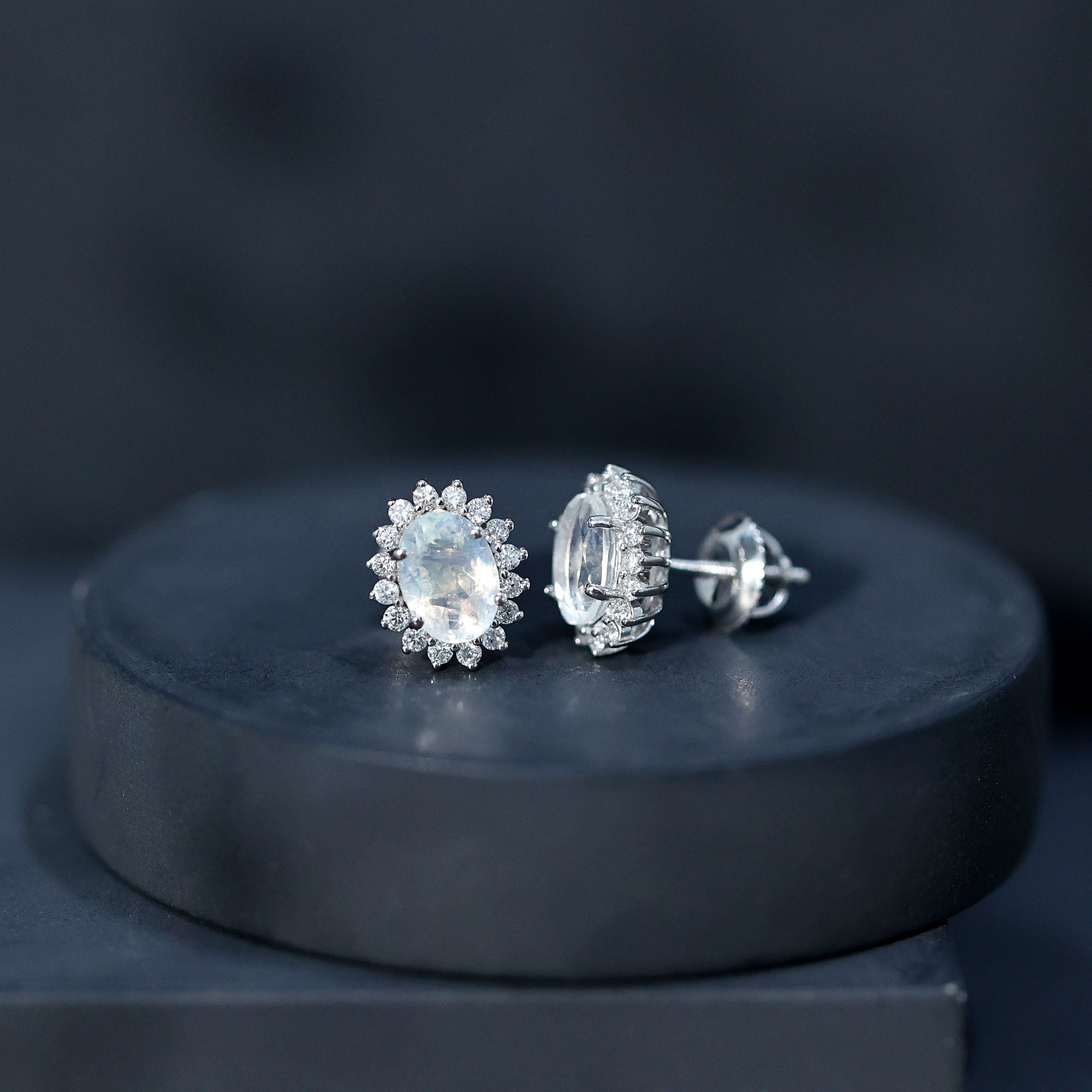 Genuine 2 Carat Moonstone and Diamond Halo Stud Earrings AAA 92.5 Sterling Silver - Rosec Jewels