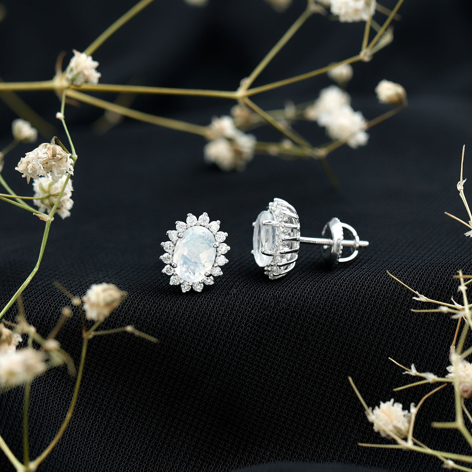 Genuine 2 Carat Moonstone and Diamond Halo Stud Earrings AAA 92.5 Sterling Silver - Rosec Jewels