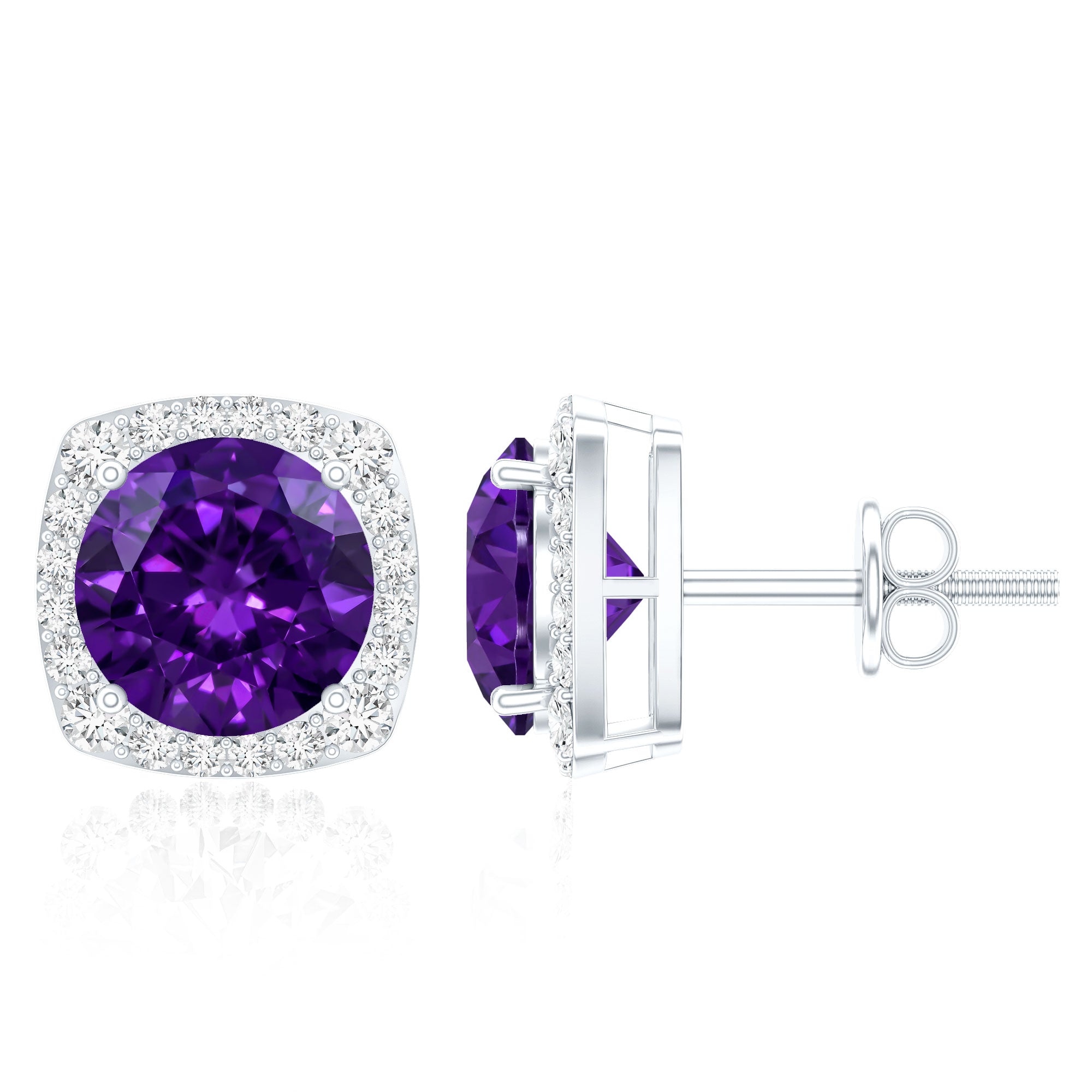 Classic Round Amethyst Halo Stud Earrings with Diamond AAA - Rosec Jewels