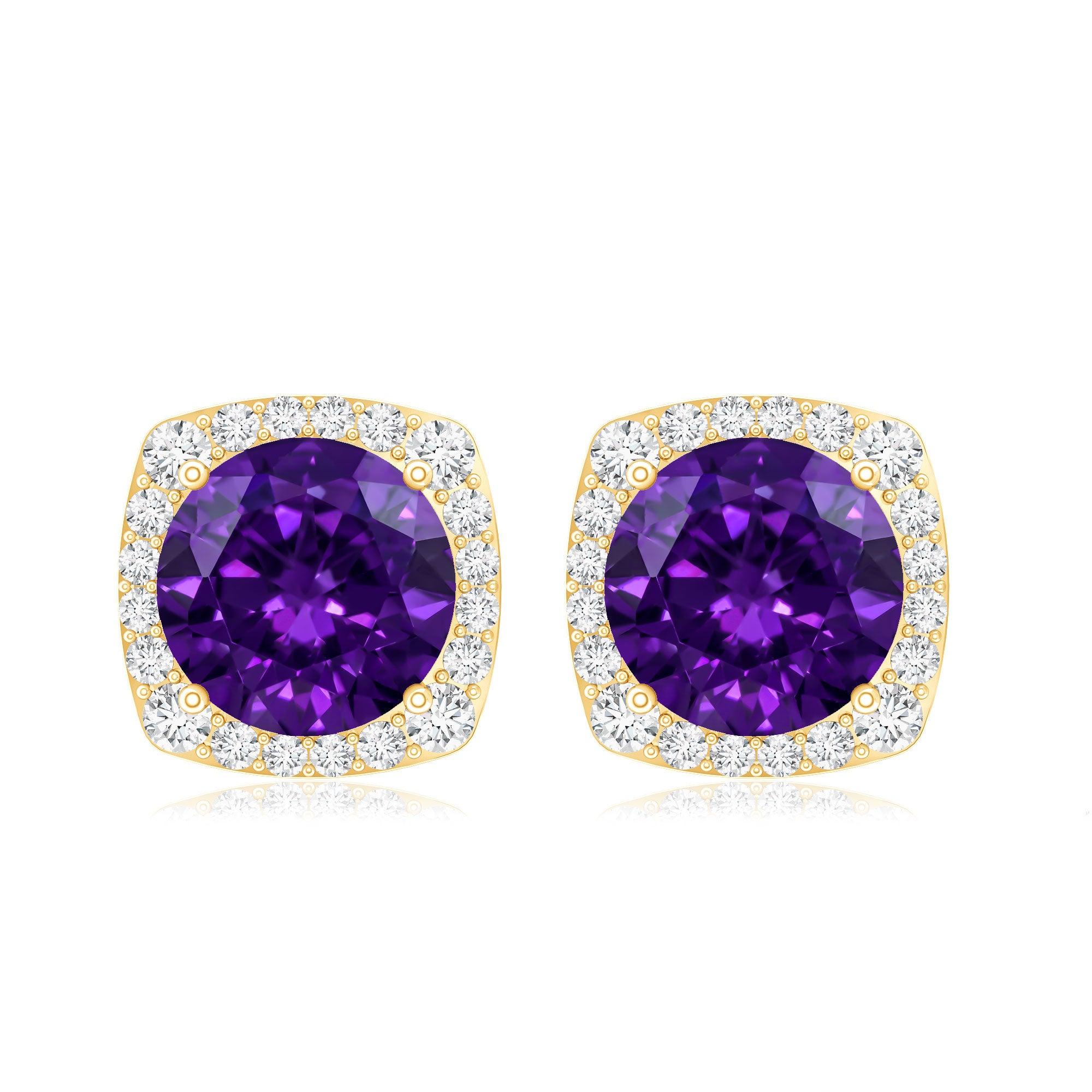 Classic Round Amethyst Halo Stud Earrings with Diamond AAA - Rosec Jewels