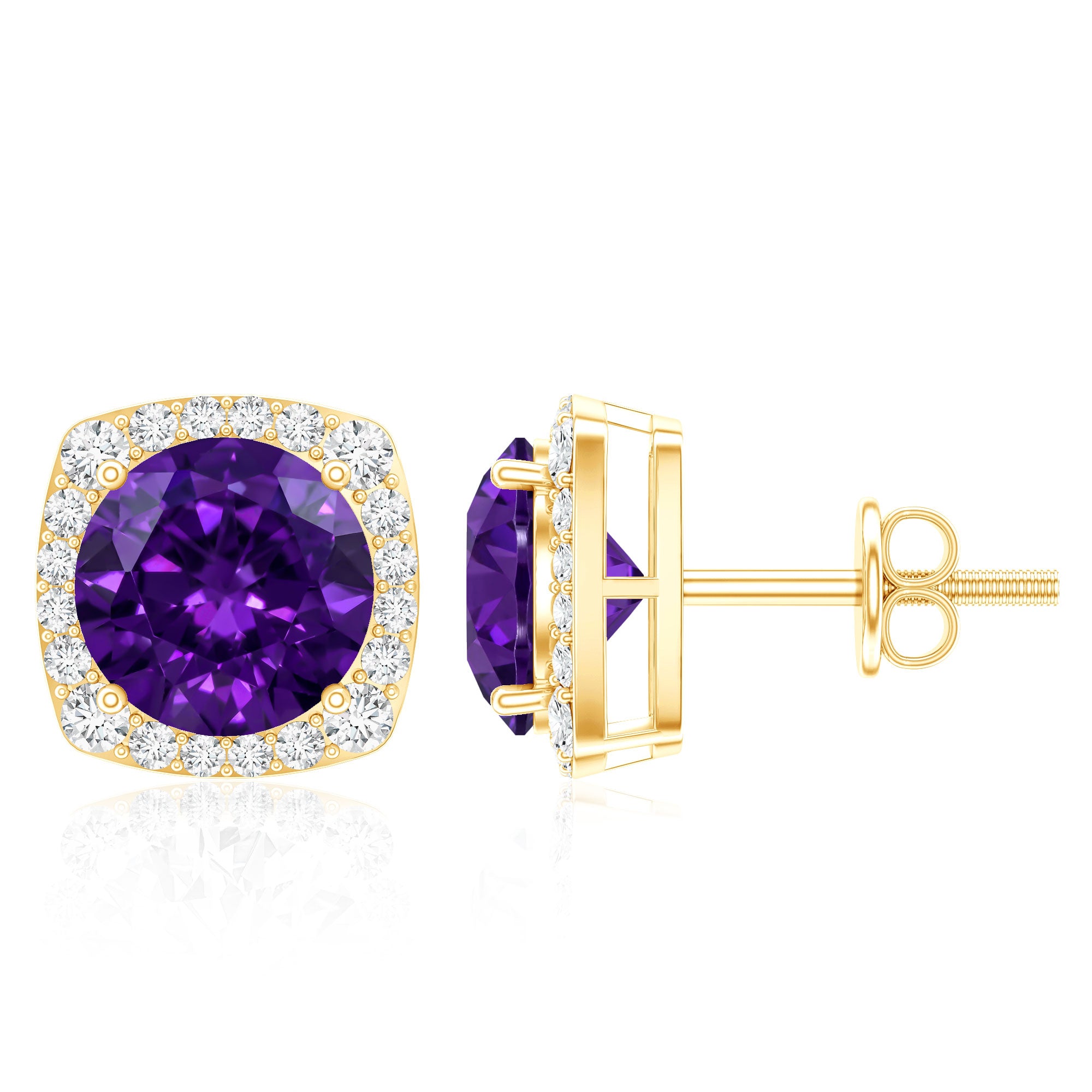 Classic Round Amethyst Halo Stud Earrings with Diamond AAA - Rosec Jewels