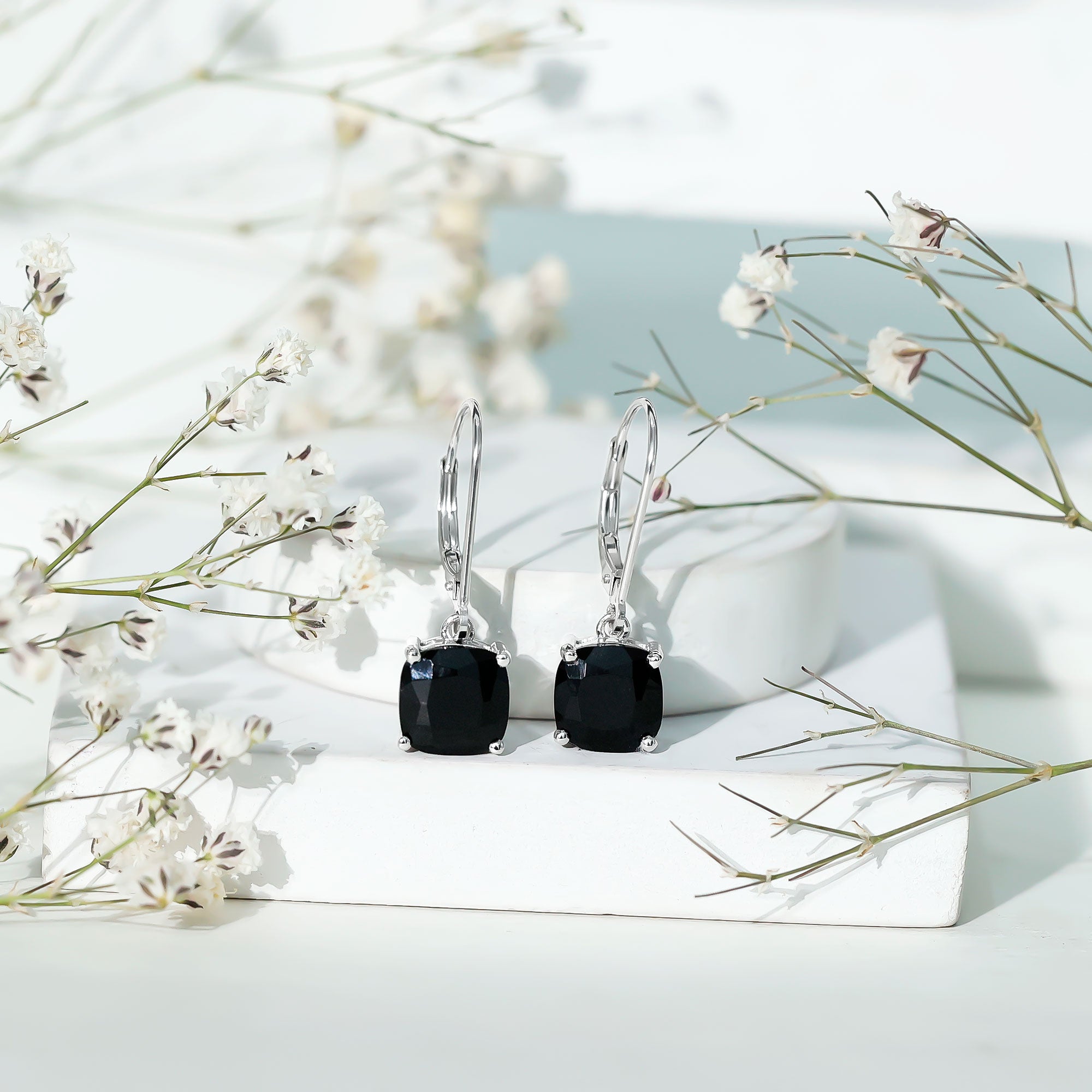 Black Onyx Solitaire Drop Lever Back Earrings AAA - Rosec Jewels