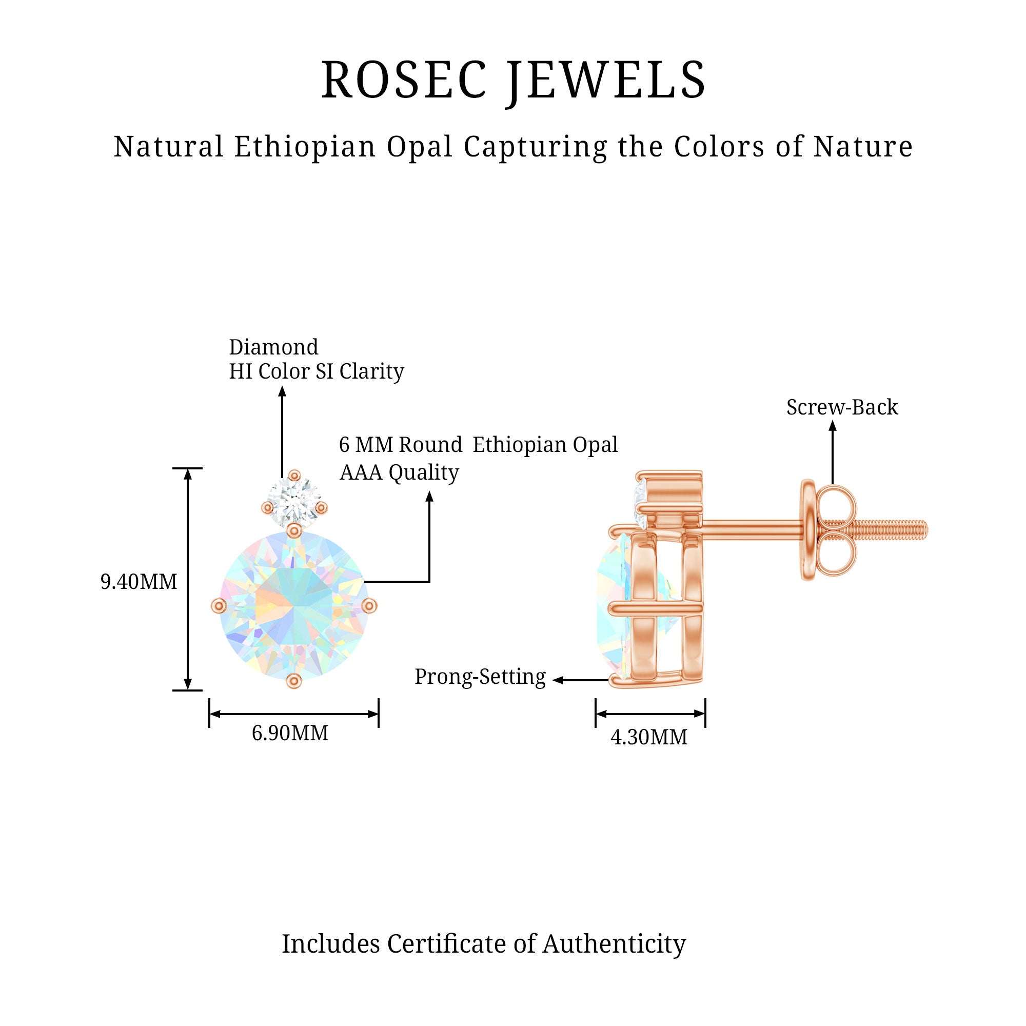 Ethiopian Opal Diamond Solitaire Stud Earrings AAA - Rosec Jewels