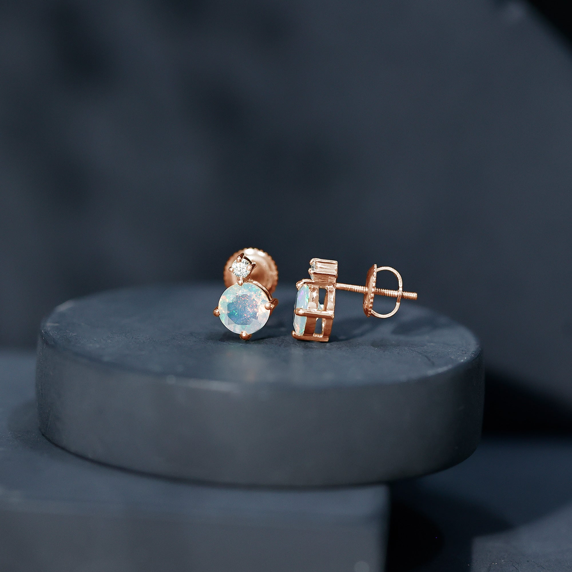 Ethiopian Opal Diamond Solitaire Stud Earrings AAA - Rosec Jewels