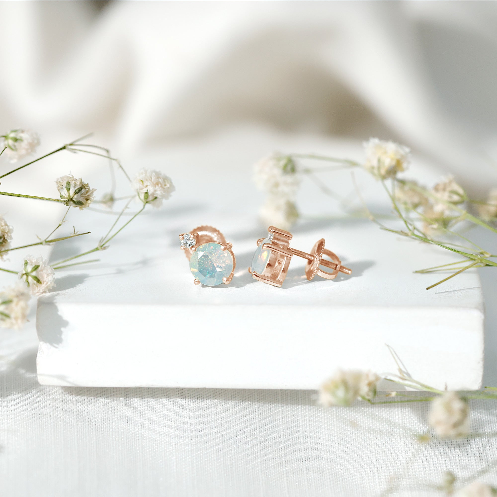 Ethiopian Opal Diamond Solitaire Stud Earrings AAA - Rosec Jewels