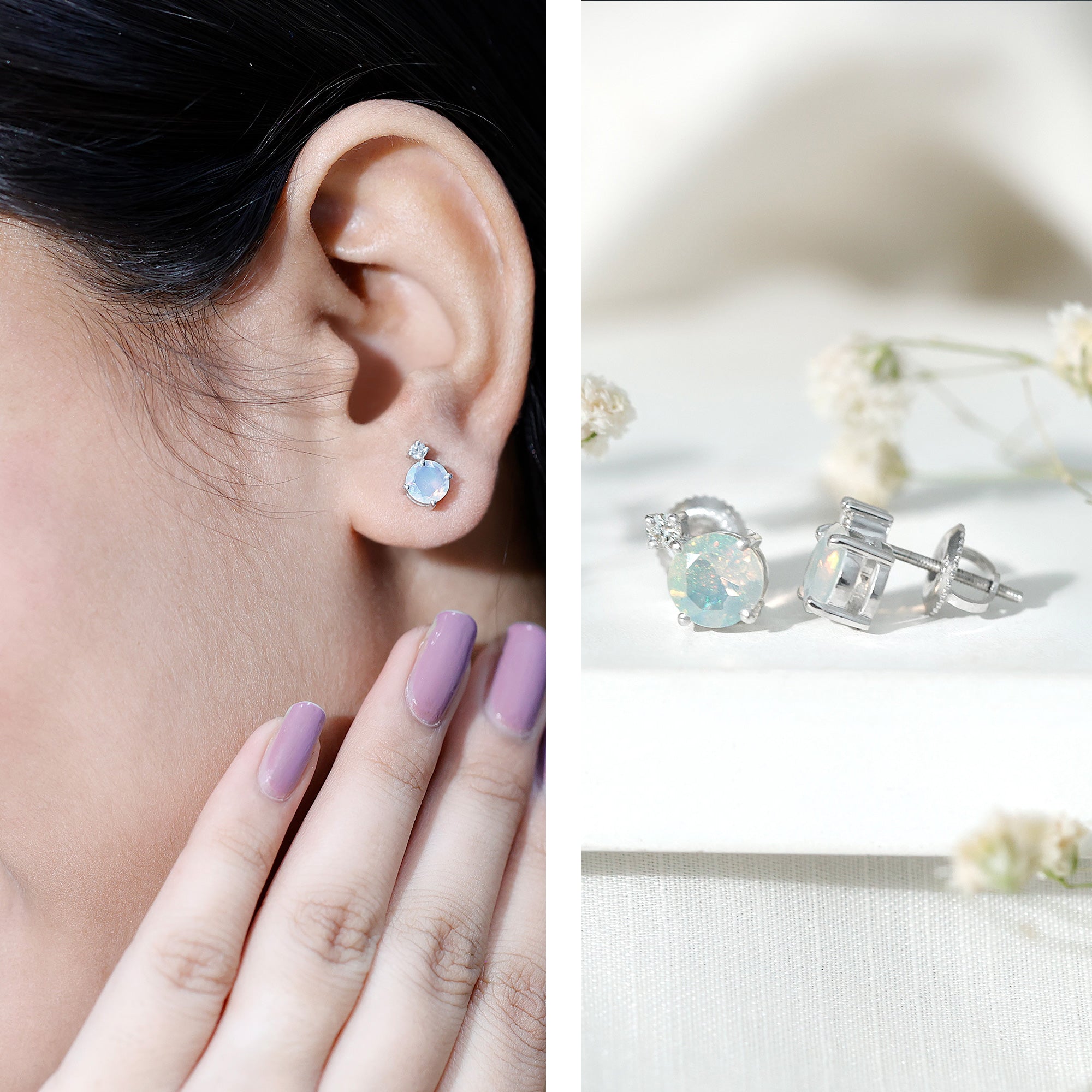 Ethiopian Opal Diamond Solitaire Stud Earrings AAA - Rosec Jewels