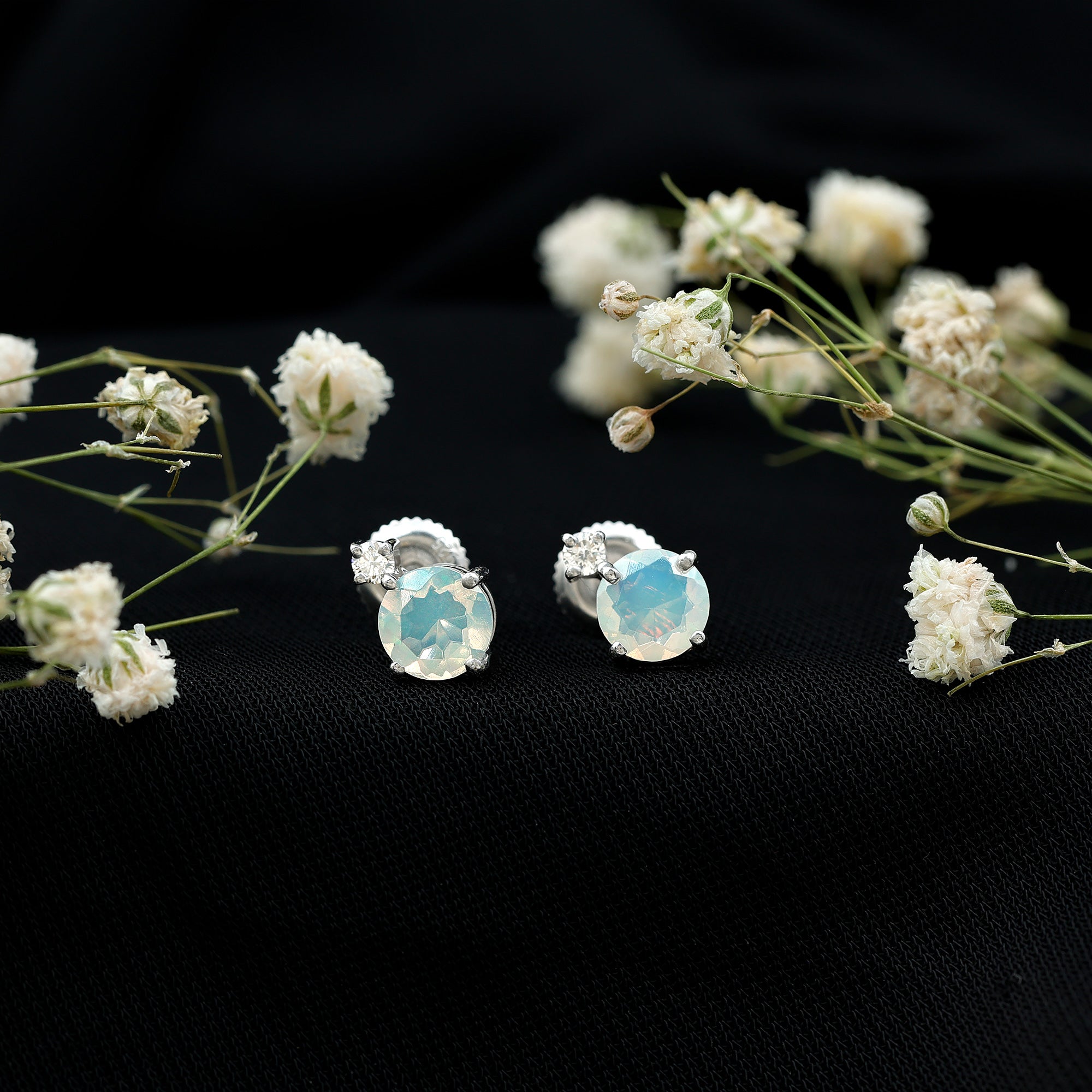 Ethiopian Opal Diamond Solitaire Stud Earrings AAA - Rosec Jewels