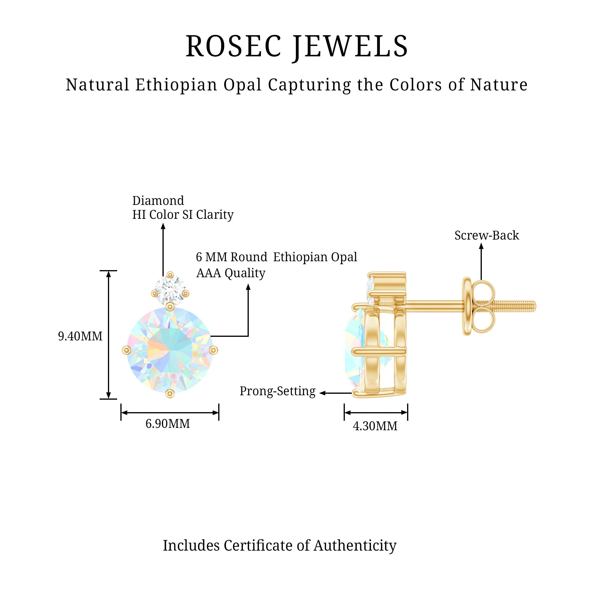 Ethiopian Opal Diamond Solitaire Stud Earrings AAA - Rosec Jewels