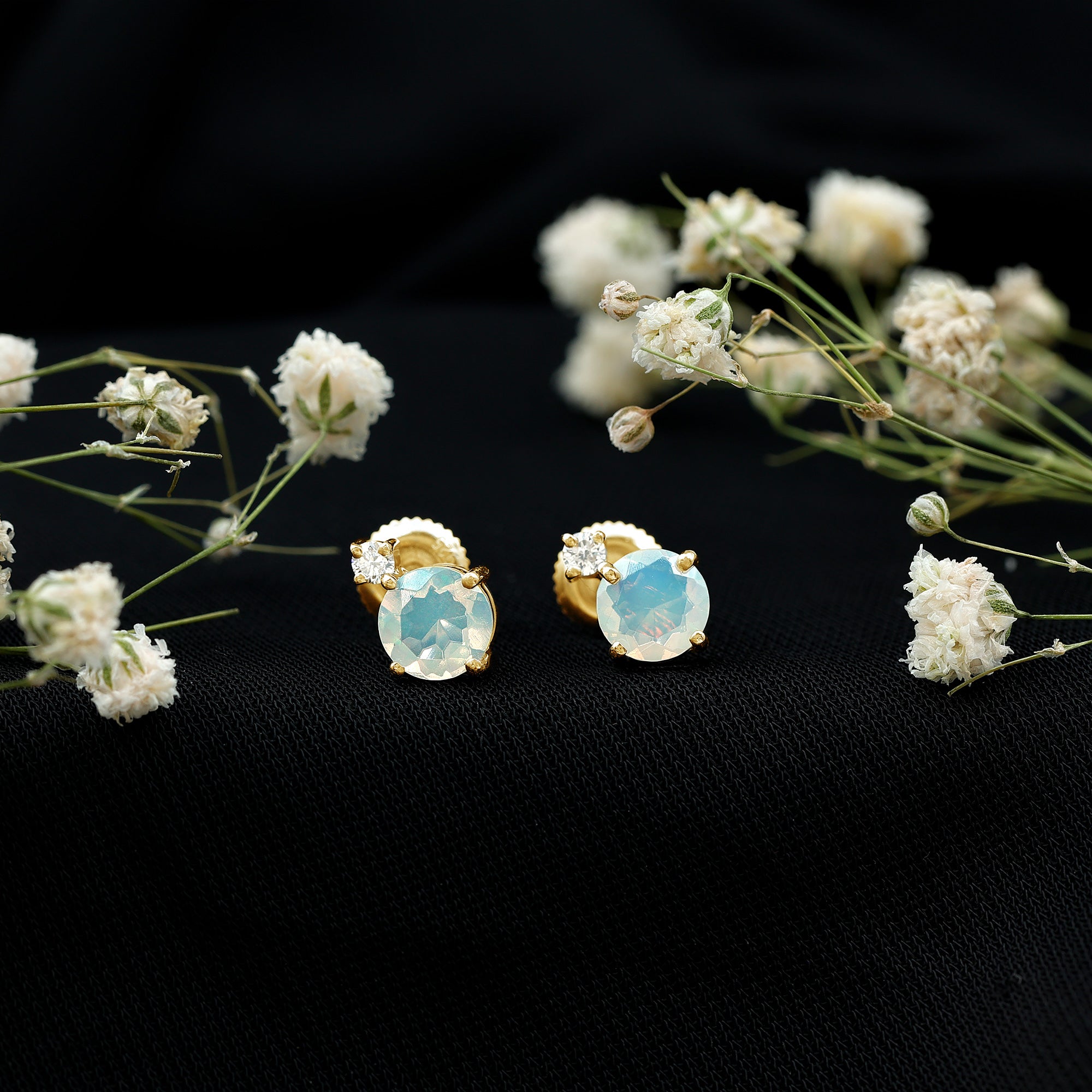 Ethiopian Opal Diamond Solitaire Stud Earrings AAA - Rosec Jewels