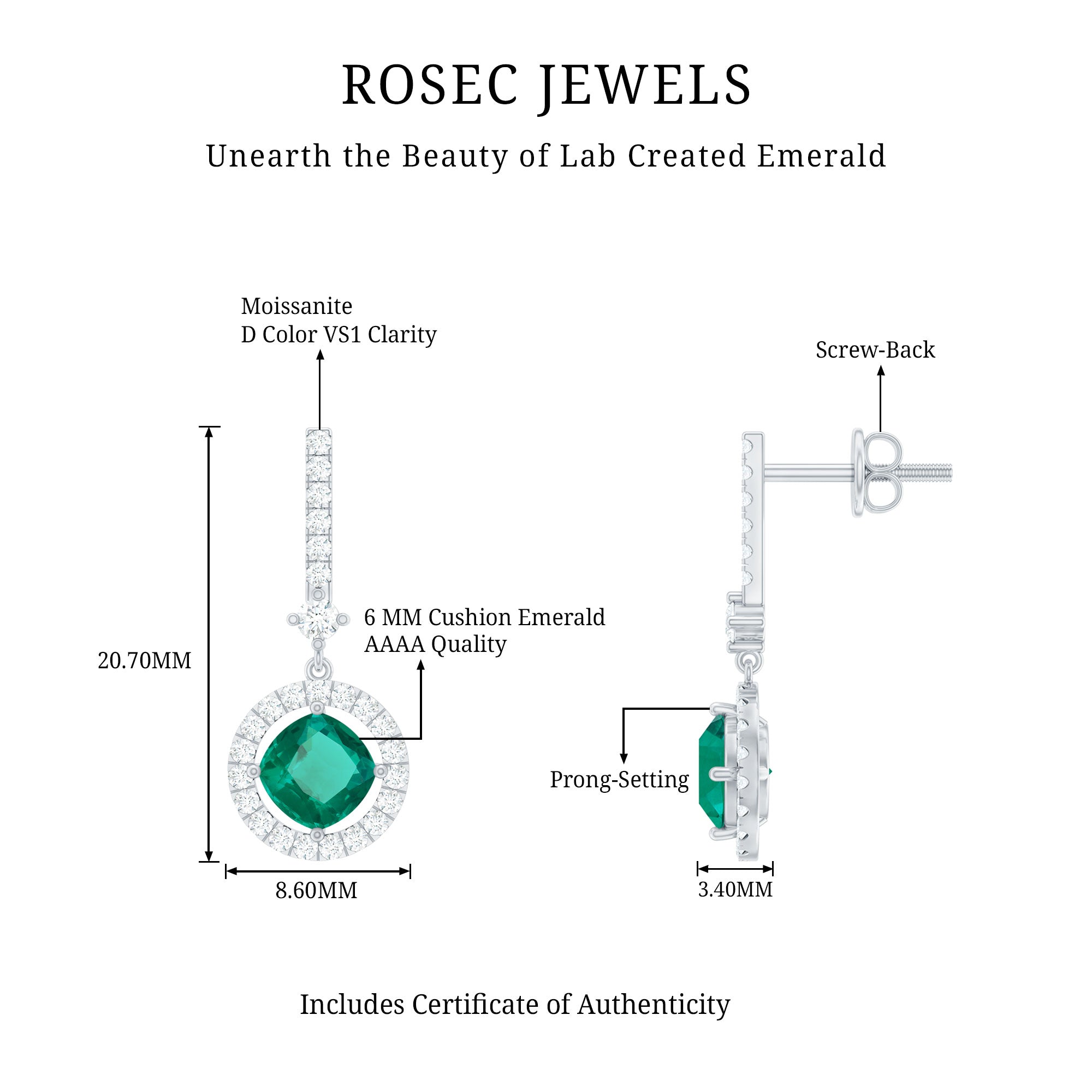 1.8 Carat Lab Grown Emerald Drop Earrings with Moissanite AAAA 92.5 Sterling Silver - Rosec Jewels