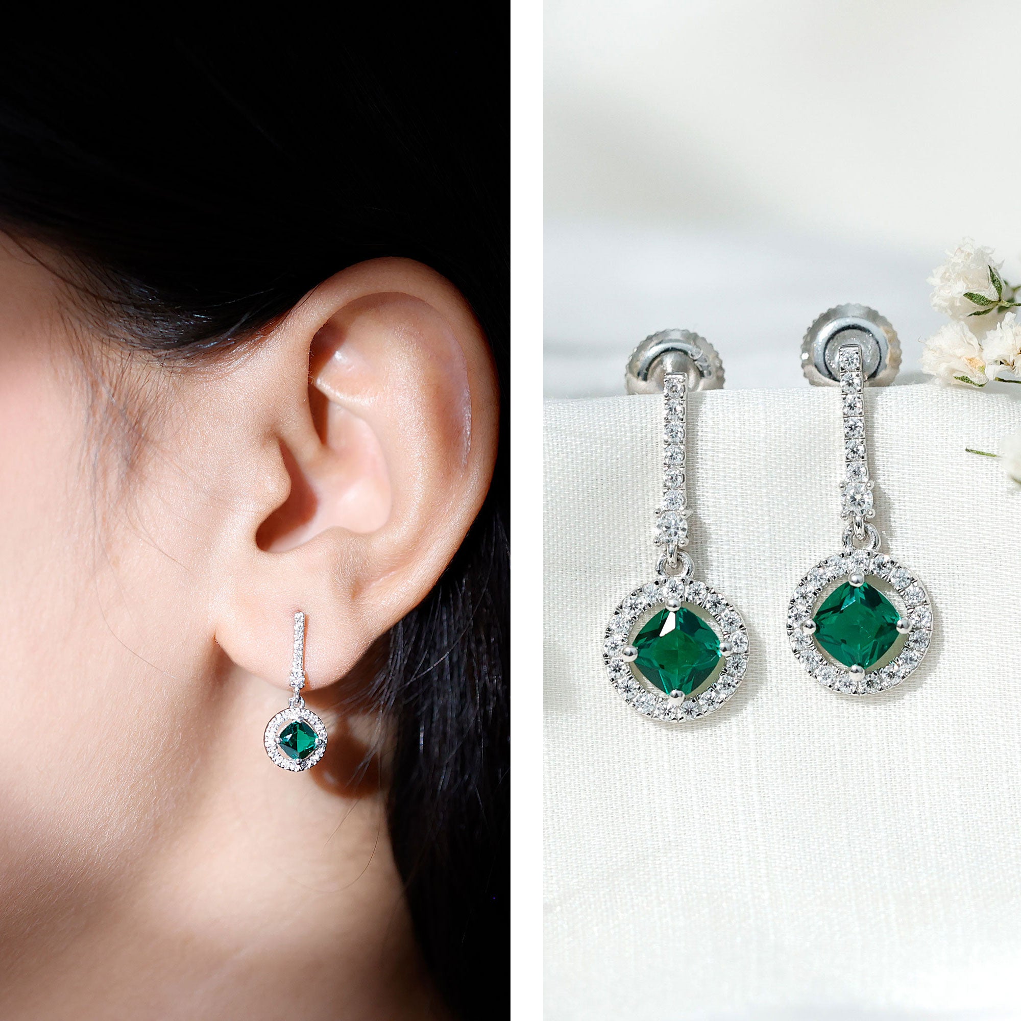 1.8 Carat Lab Grown Emerald Drop Earrings with Moissanite AAAA 92.5 Sterling Silver - Rosec Jewels