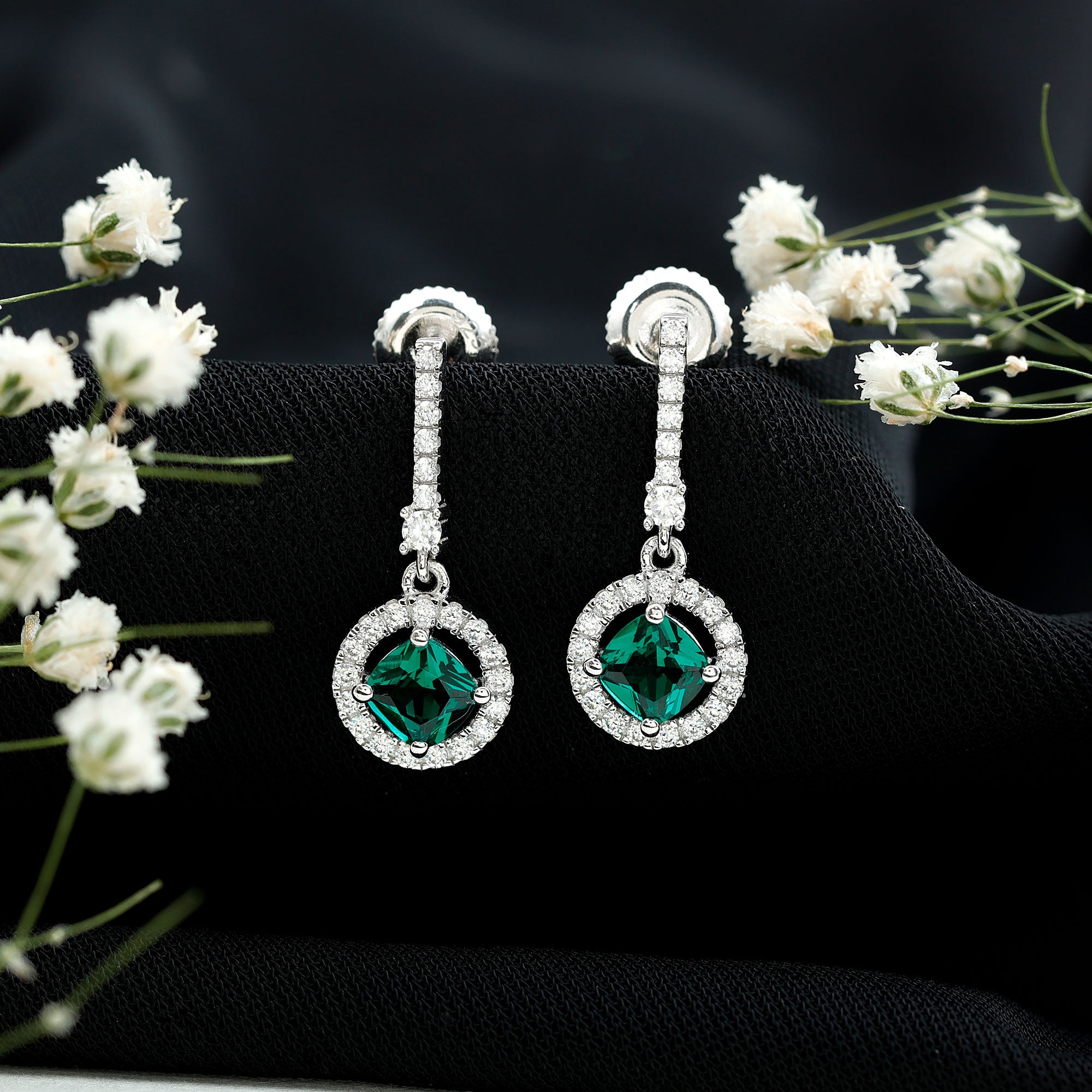 1.8 Carat Lab Grown Emerald Drop Earrings with Moissanite AAAA 92.5 Sterling Silver - Rosec Jewels