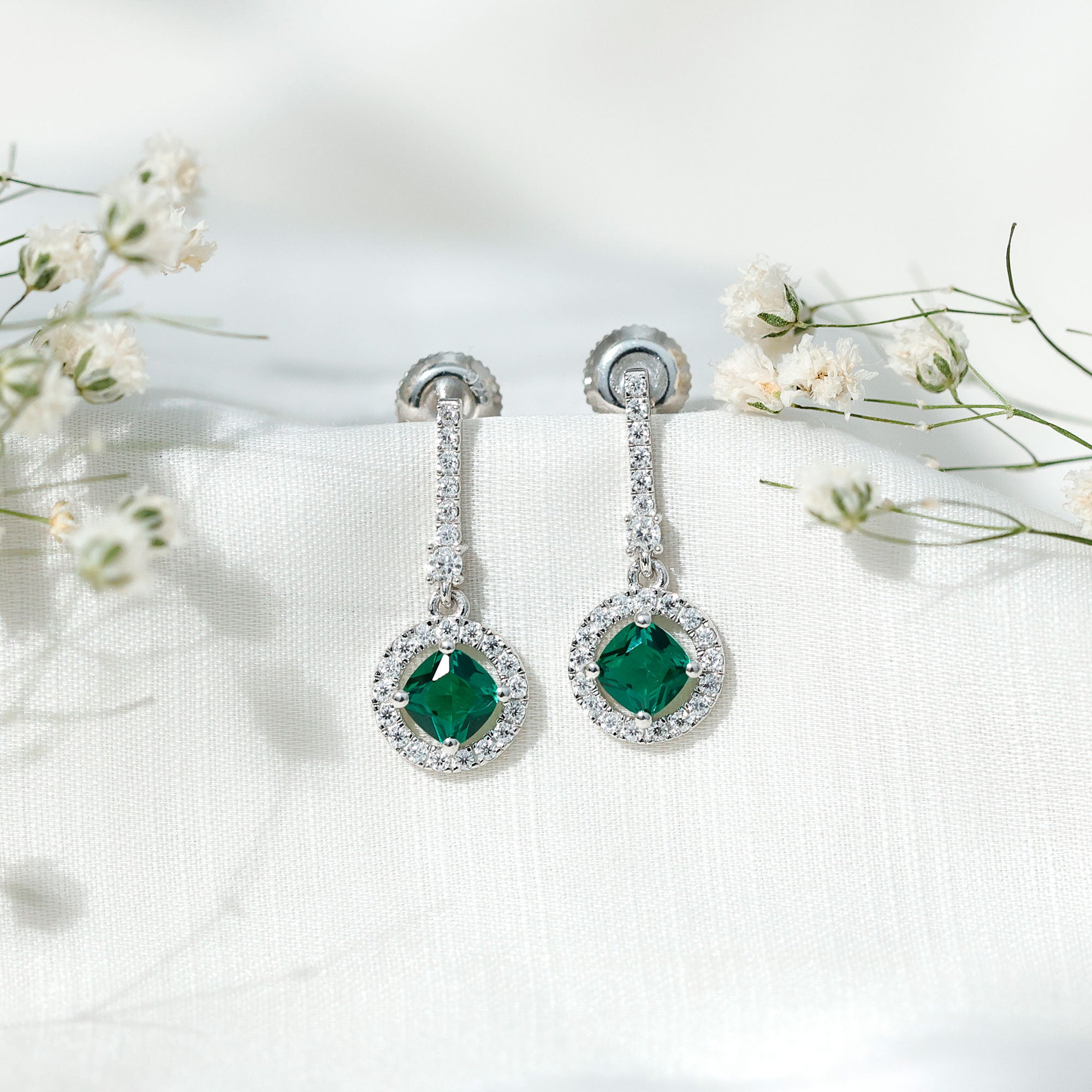 1.8 Carat Lab Grown Emerald Drop Earrings with Moissanite AAAA 92.5 Sterling Silver - Rosec Jewels