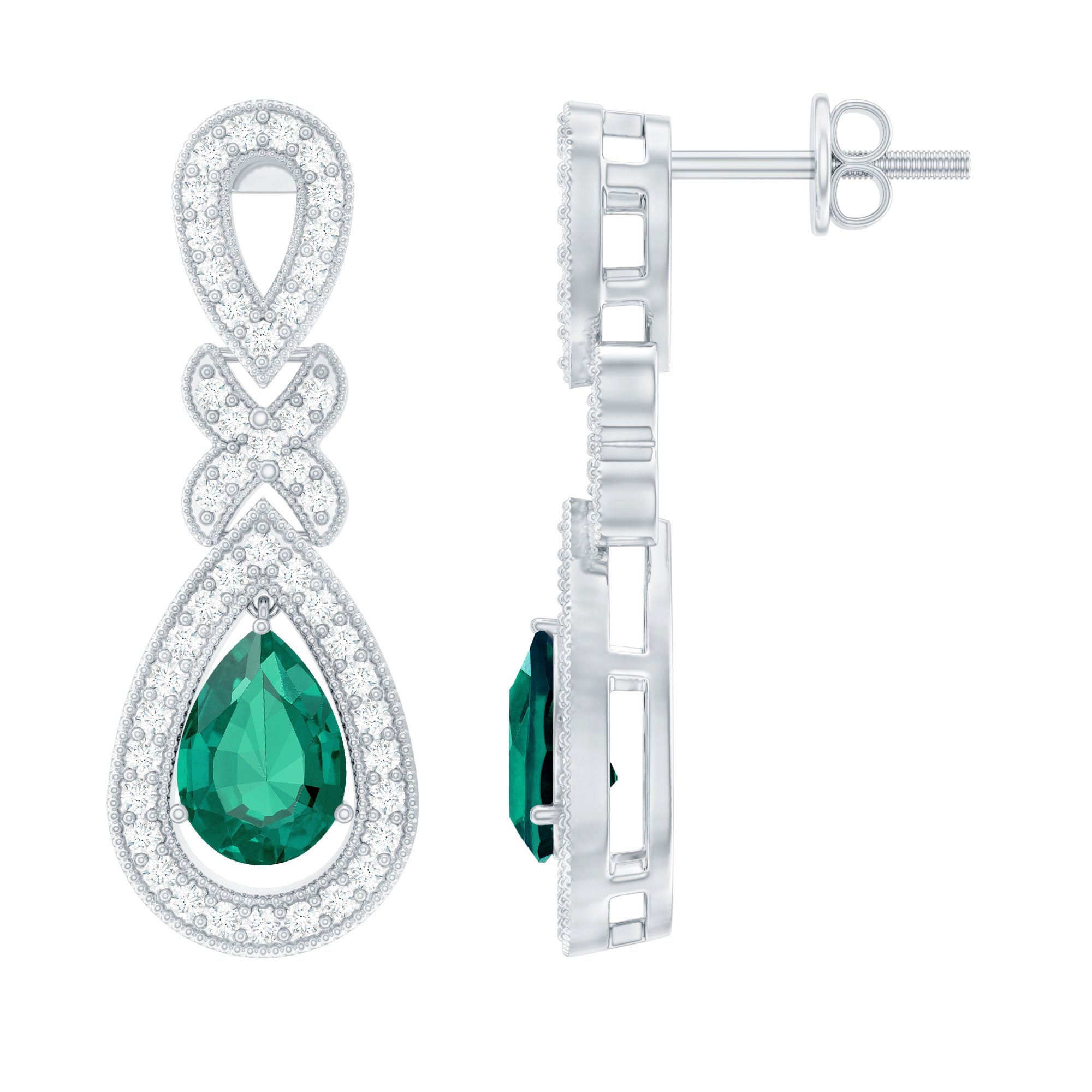 Silver Lab Grown Emerald Wedding Dangle Earrings With Certificate AAAA 92.5 Sterling Silver - Rosec Jewels