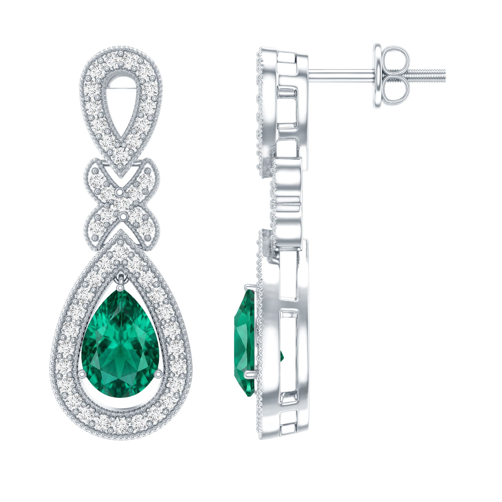 Silver Lab Grown Emerald Wedding Dangle Earrings With Certificate AAAA 92.5 Sterling Silver - Rosec Jewels