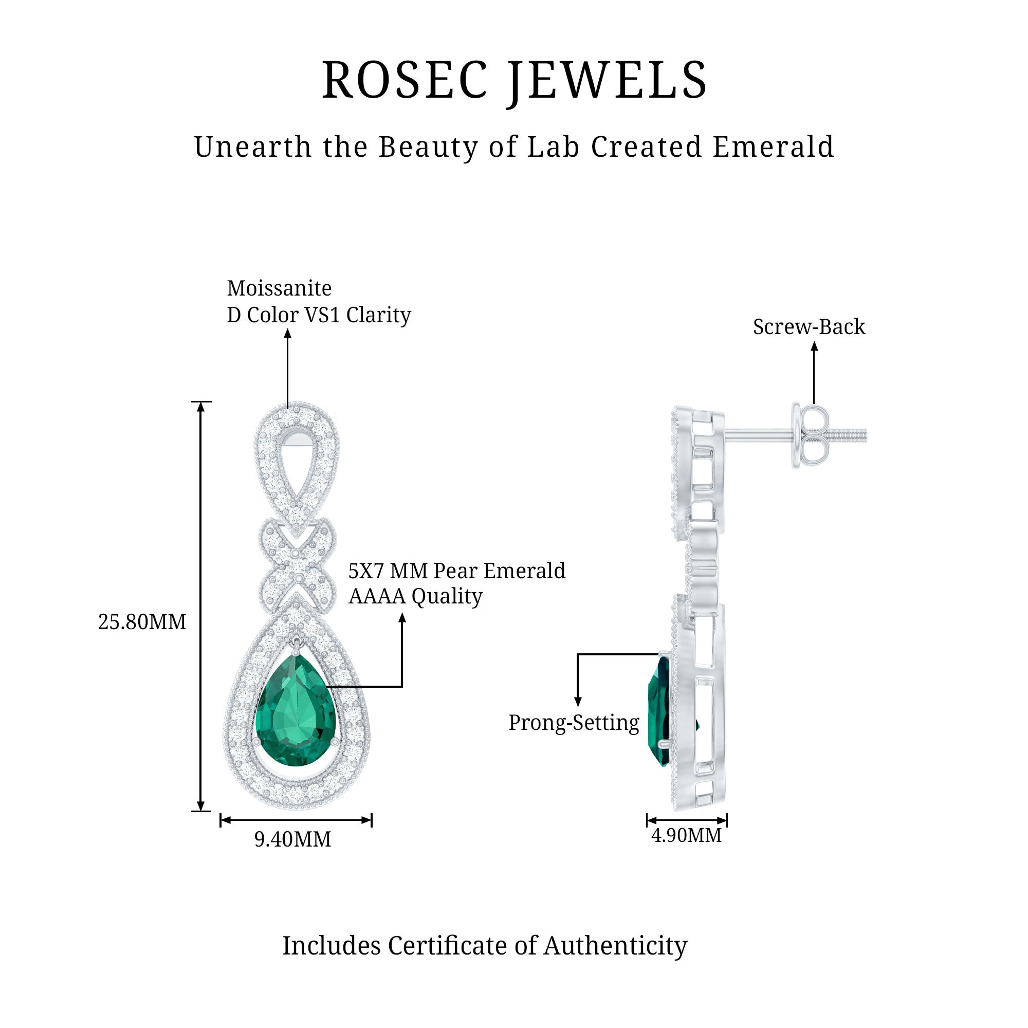 Silver Lab Grown Emerald Wedding Dangle Earrings With Certificate AAAA 92.5 Sterling Silver - Rosec Jewels