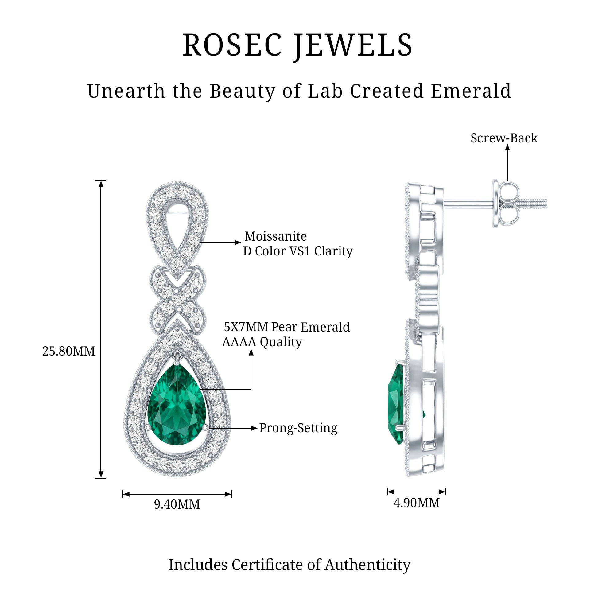 Silver Lab Grown Emerald Wedding Dangle Earrings With Certificate AAAA 92.5 Sterling Silver - Rosec Jewels
