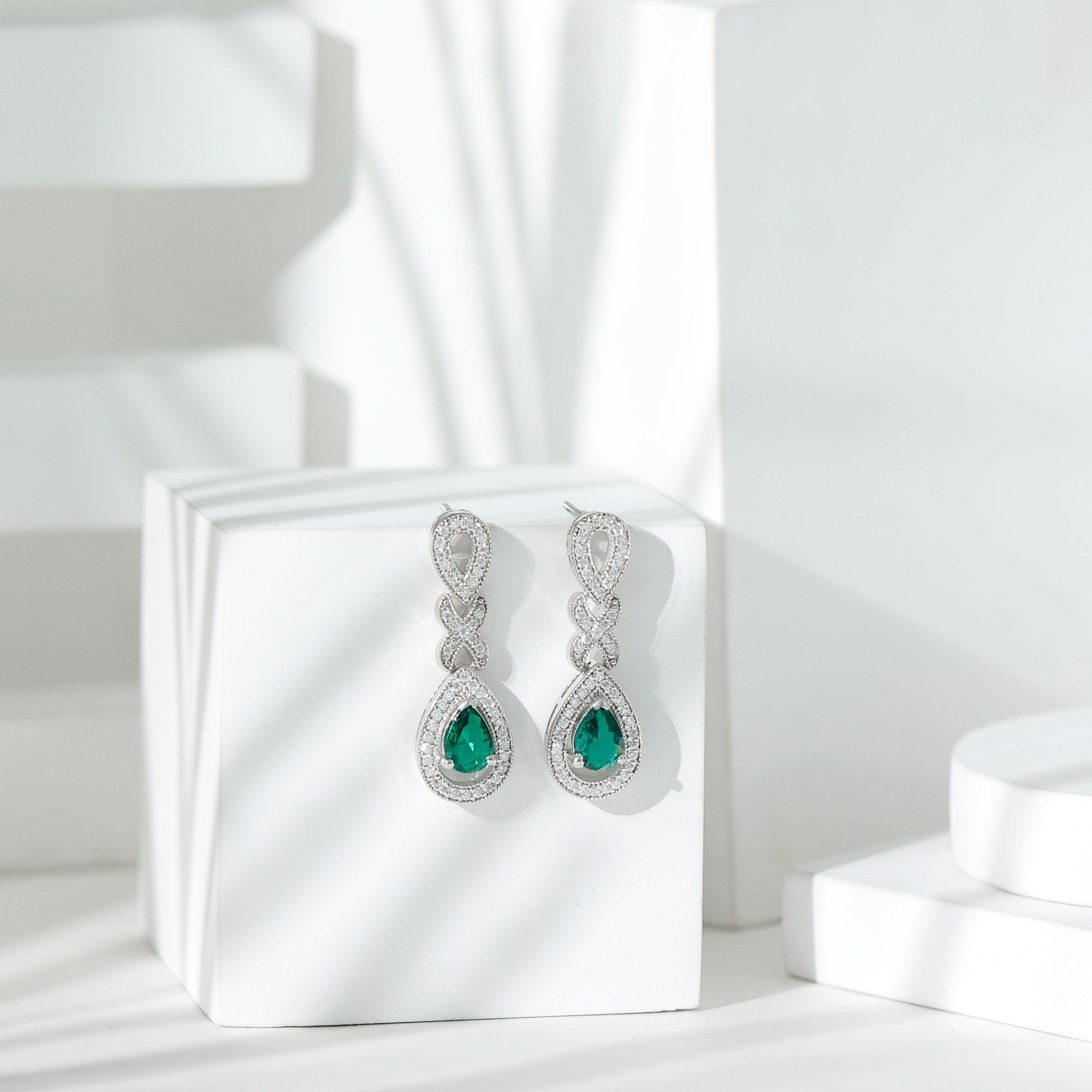 Silver Lab Grown Emerald Wedding Dangle Earrings With Certificate AAAA 92.5 Sterling Silver - Rosec Jewels