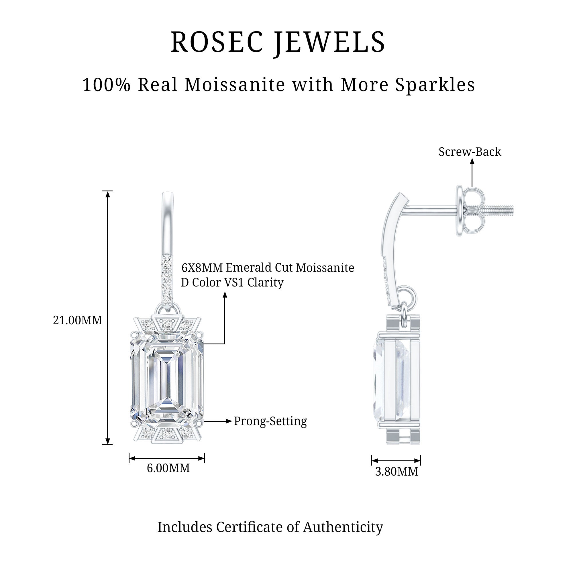 3.5 Carat Emerald Cut Moissanite Drop Earrings for Women D-VS1 92.5 Sterling Silver - Rosec Jewels