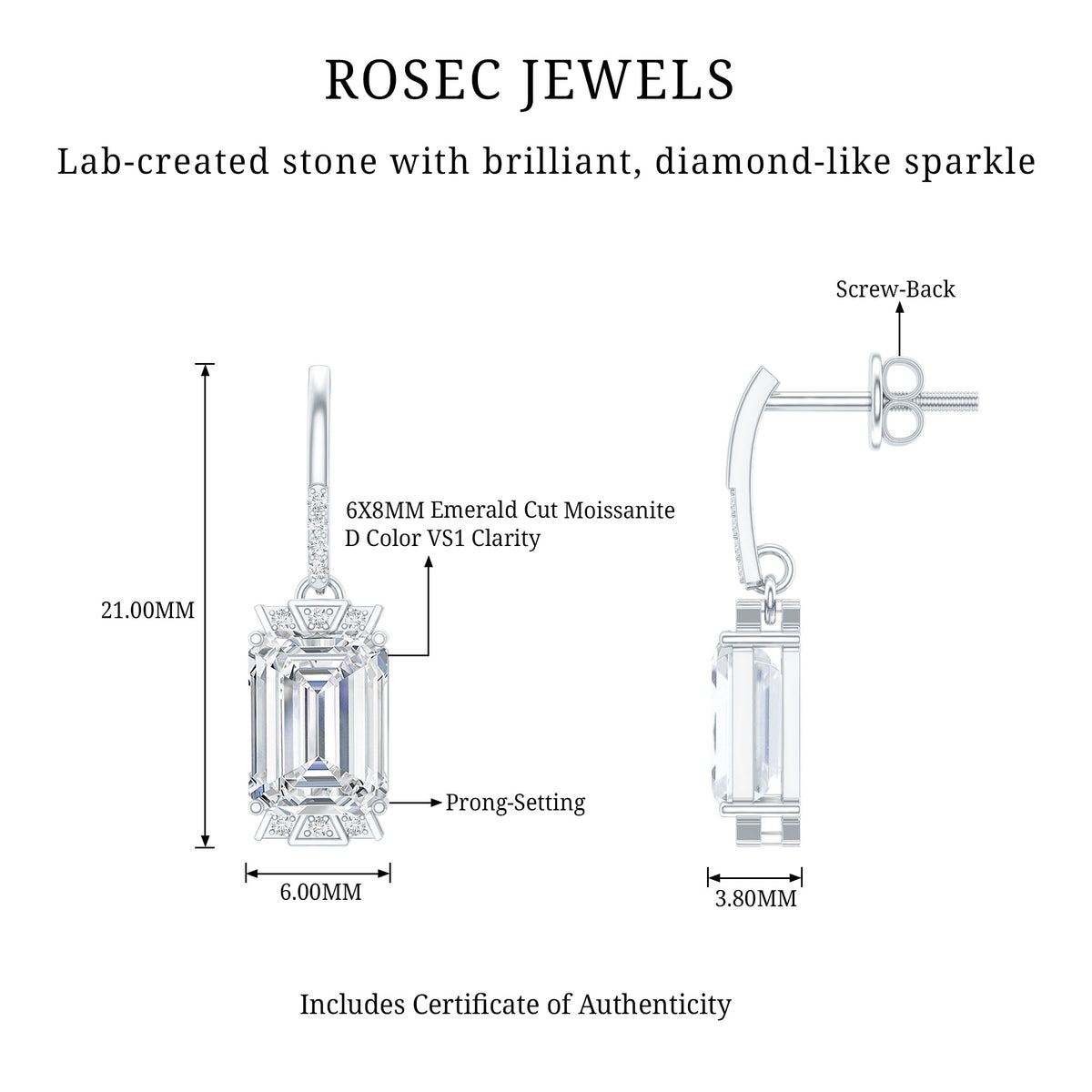 3.5 Carat Emerald Cut Moissanite Drop Earrings for Women in Silver D-VS1 92.5 Sterling Silver - Rosec Jewels
