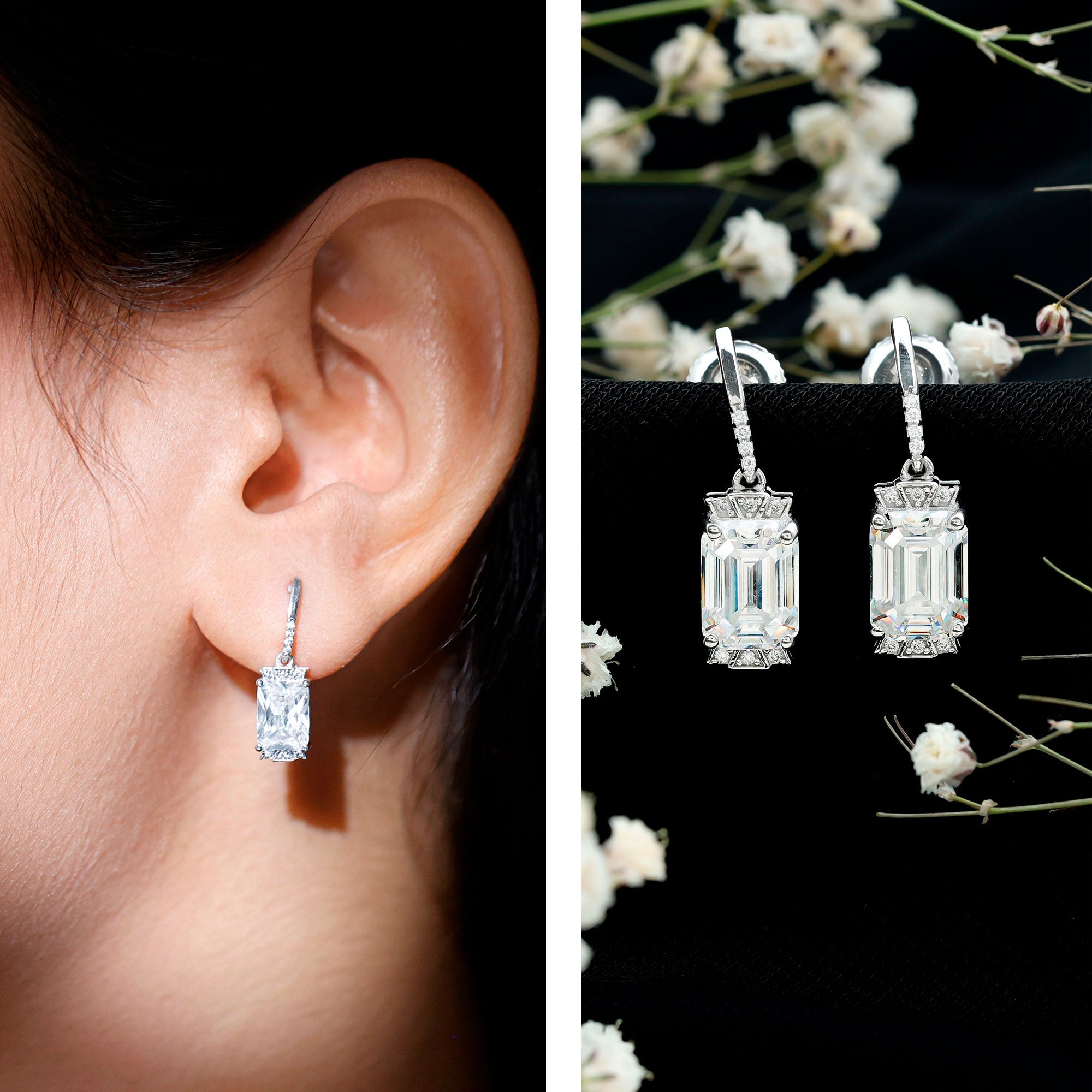 3.5 Carat Emerald Cut Moissanite Drop Earrings for Women D-VS1 92.5 Sterling Silver - Rosec Jewels