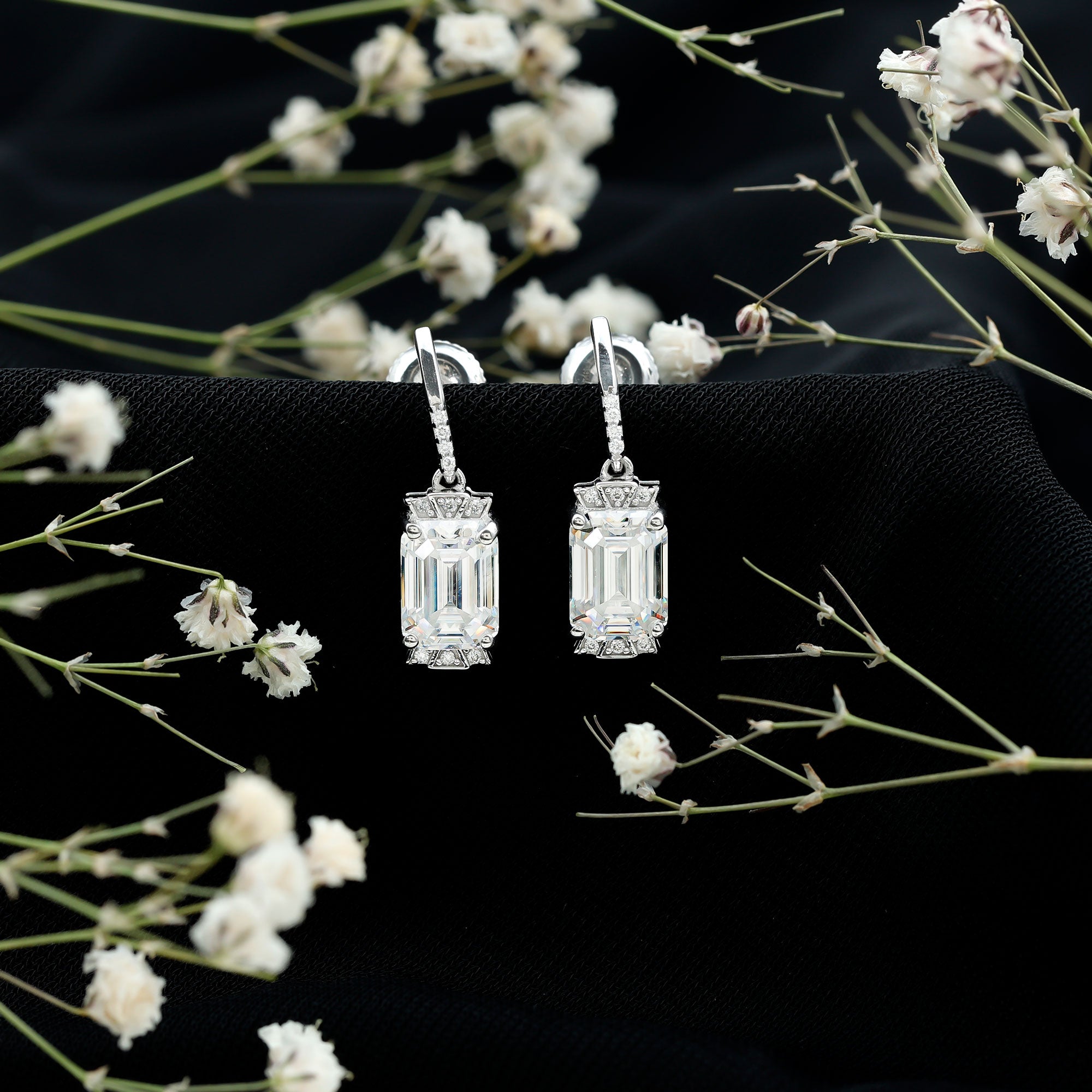 3.5 Carat Emerald Cut Moissanite Drop Earrings for Women D-VS1 92.5 Sterling Silver - Rosec Jewels