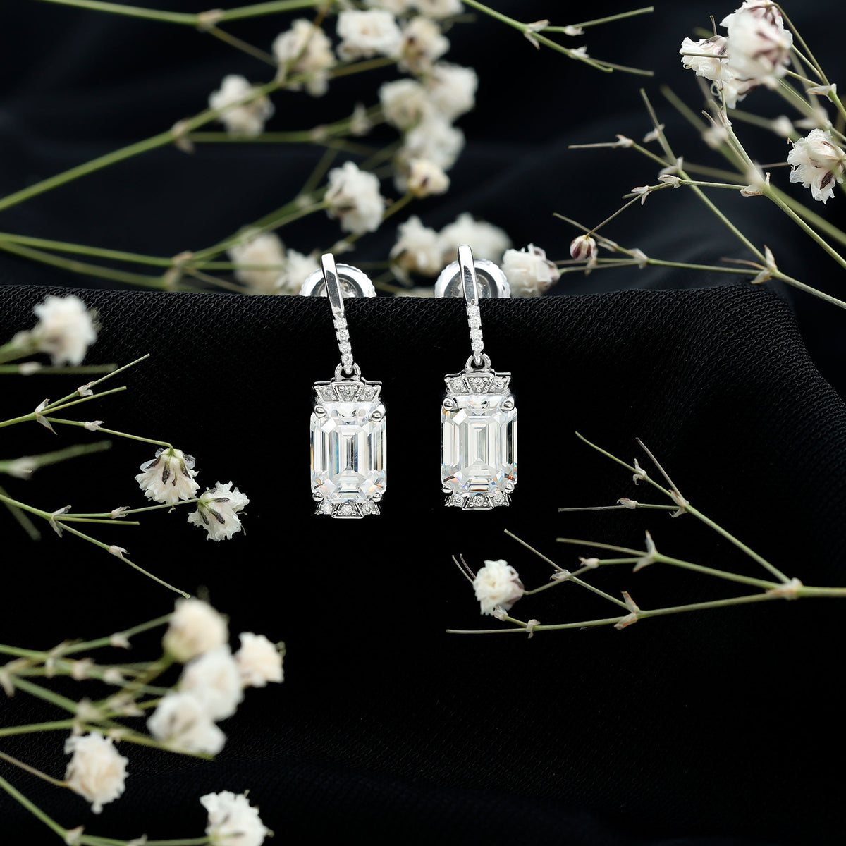 3.5 Carat Emerald Cut Moissanite Drop Earrings for Women in Silver D-VS1 92.5 Sterling Silver - Rosec Jewels